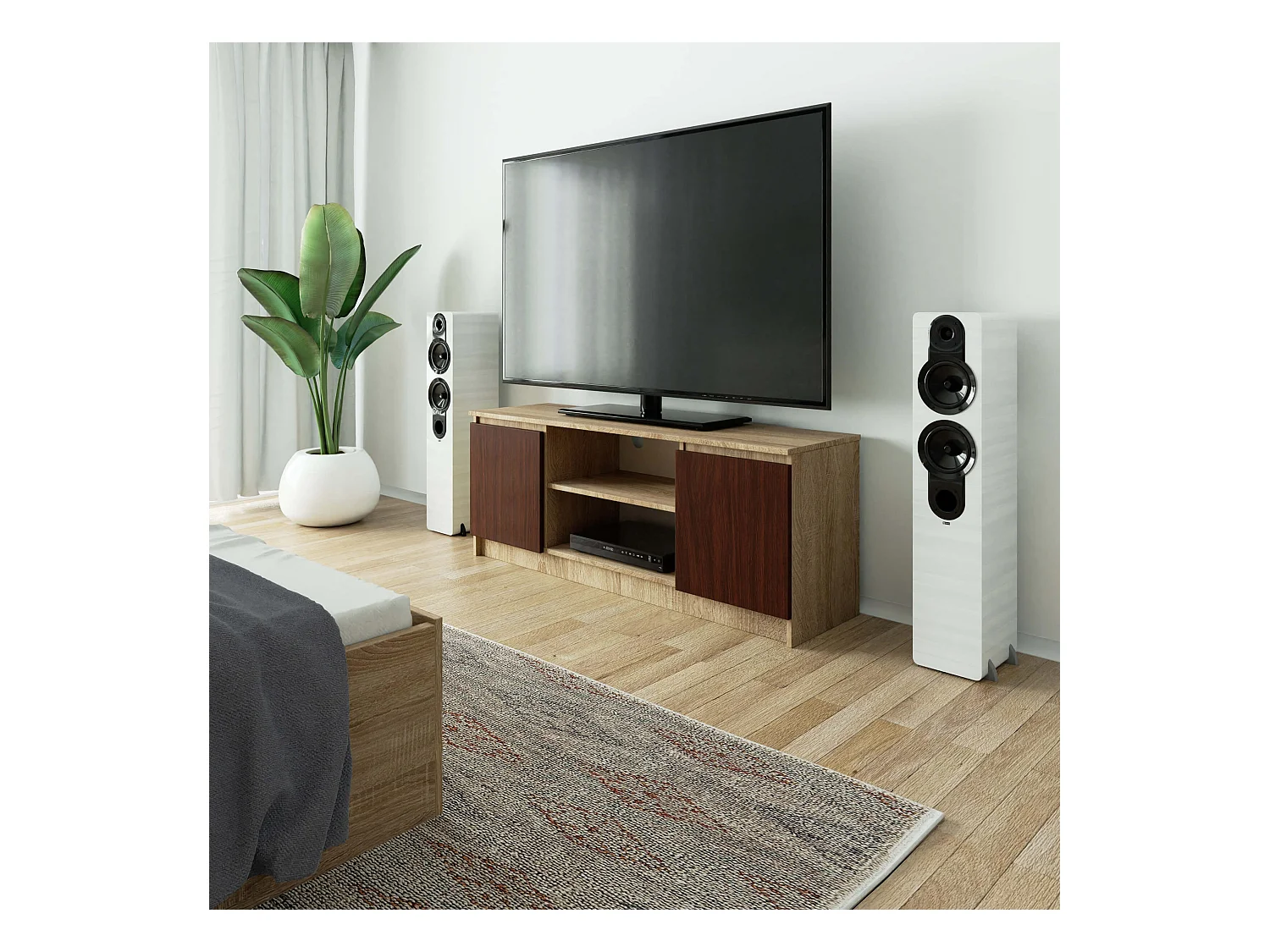 Meuble TV pour salon AKORD Chêne Sonoma 140 cm 2 portes façade Wengé 2 étagères 140x40x55 cm