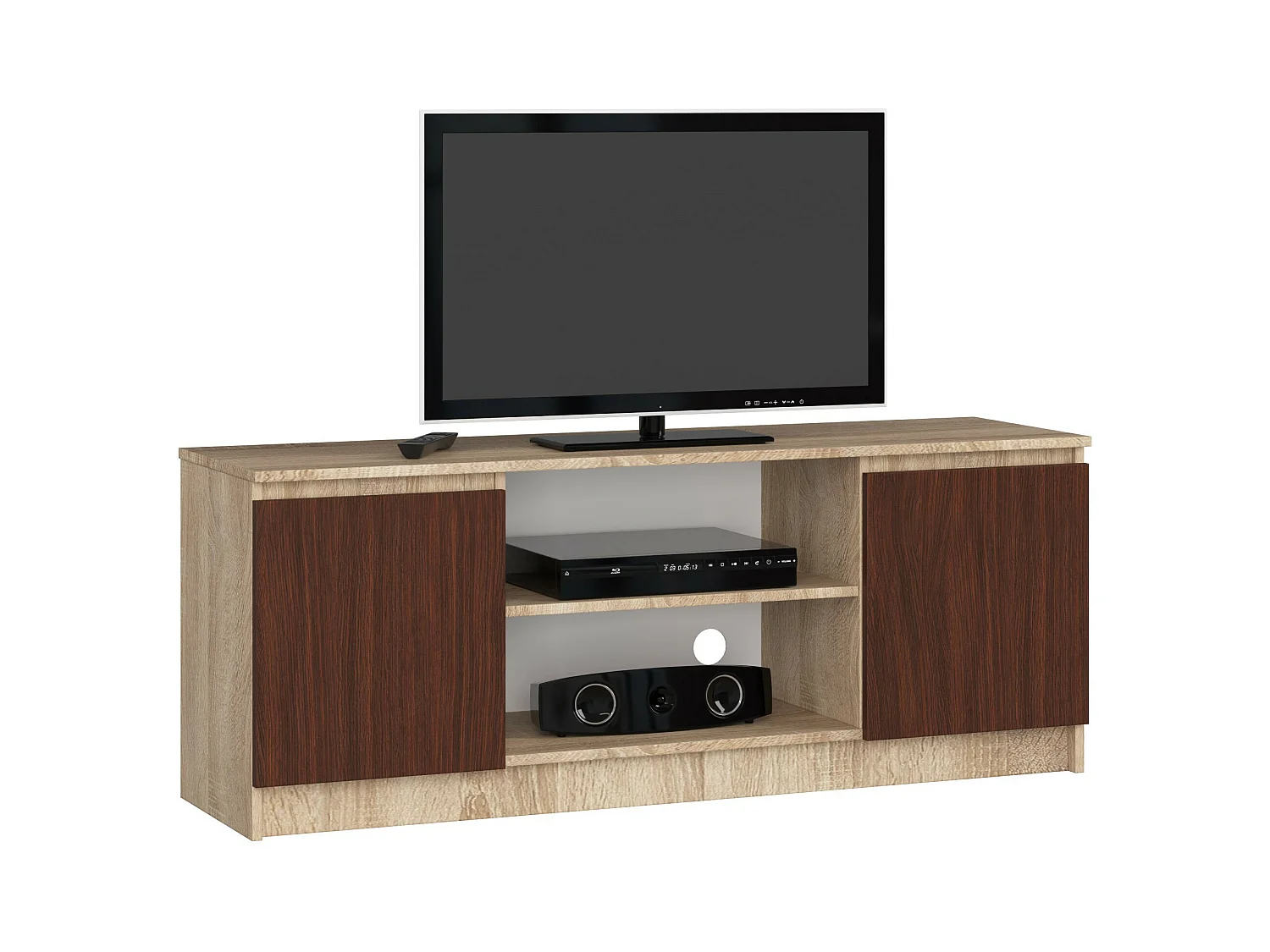 Meuble TV pour salon AKORD Chêne Sonoma 140 cm 2 portes façade Wengé 2 étagères 140x40x55 cm