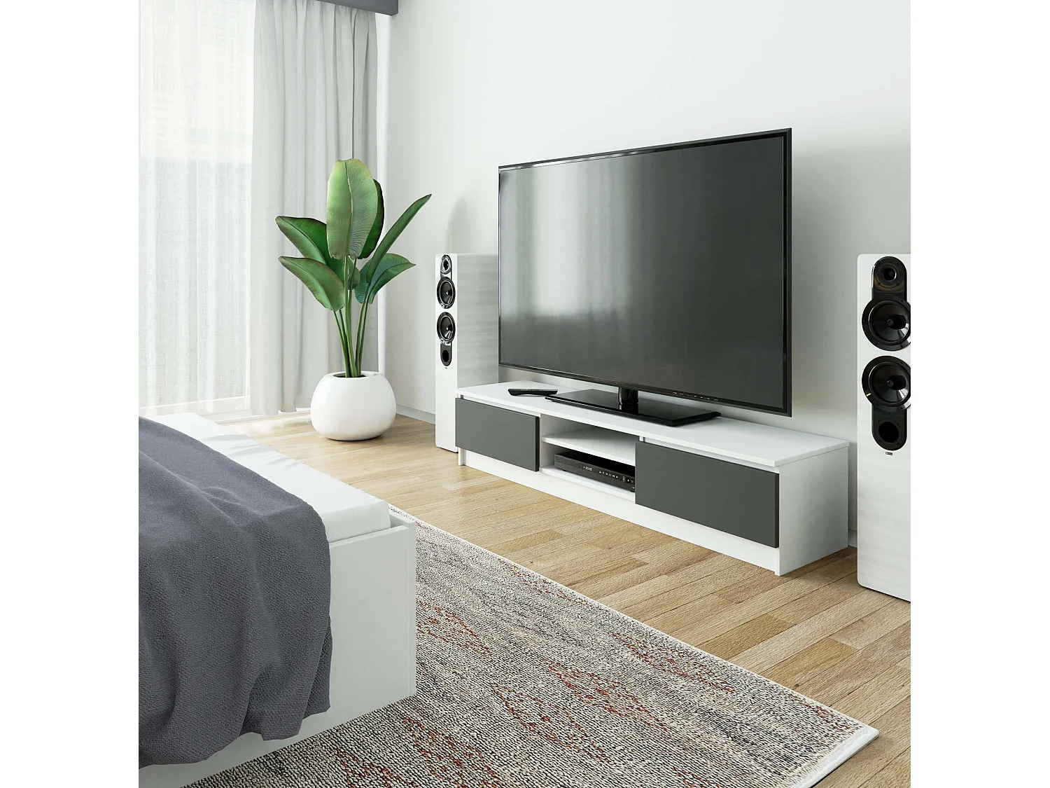 TV Schrank AKORD Fernsehkommode 160 cm Weiß 2 Türen 2 Ebenen Front Graphitgrau B160 x H33 x T40 cm