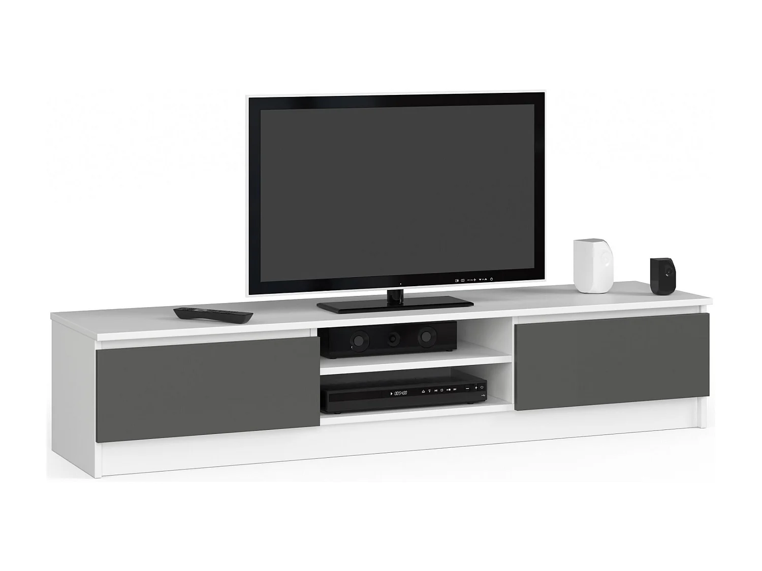 TV Schrank AKORD Fernsehkommode 160 cm Weiß 2 Türen 2 Ebenen Front Graphitgrau B160 x H33 x T40 cm