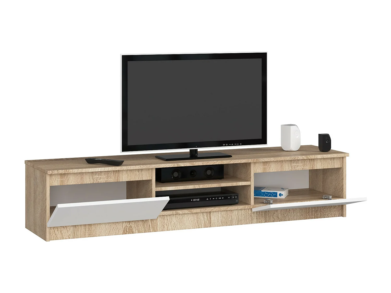 TV Schrank AKORD Fernsehkommode 160 cm Sonoma-Eiche 2 Türen 2 Ebenen Front Weiß B160 x H33 x T40 cm