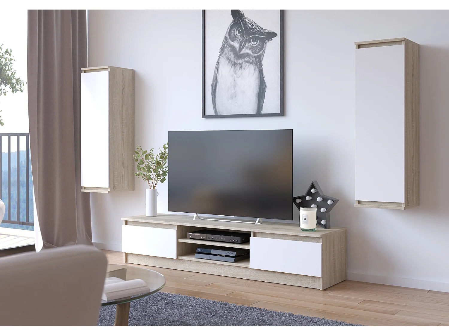 TV Schrank AKORD Fernsehkommode 160 cm Sonoma-Eiche 2 Türen 2 Ebenen Front Weiß B160 x H33 x T40 cm