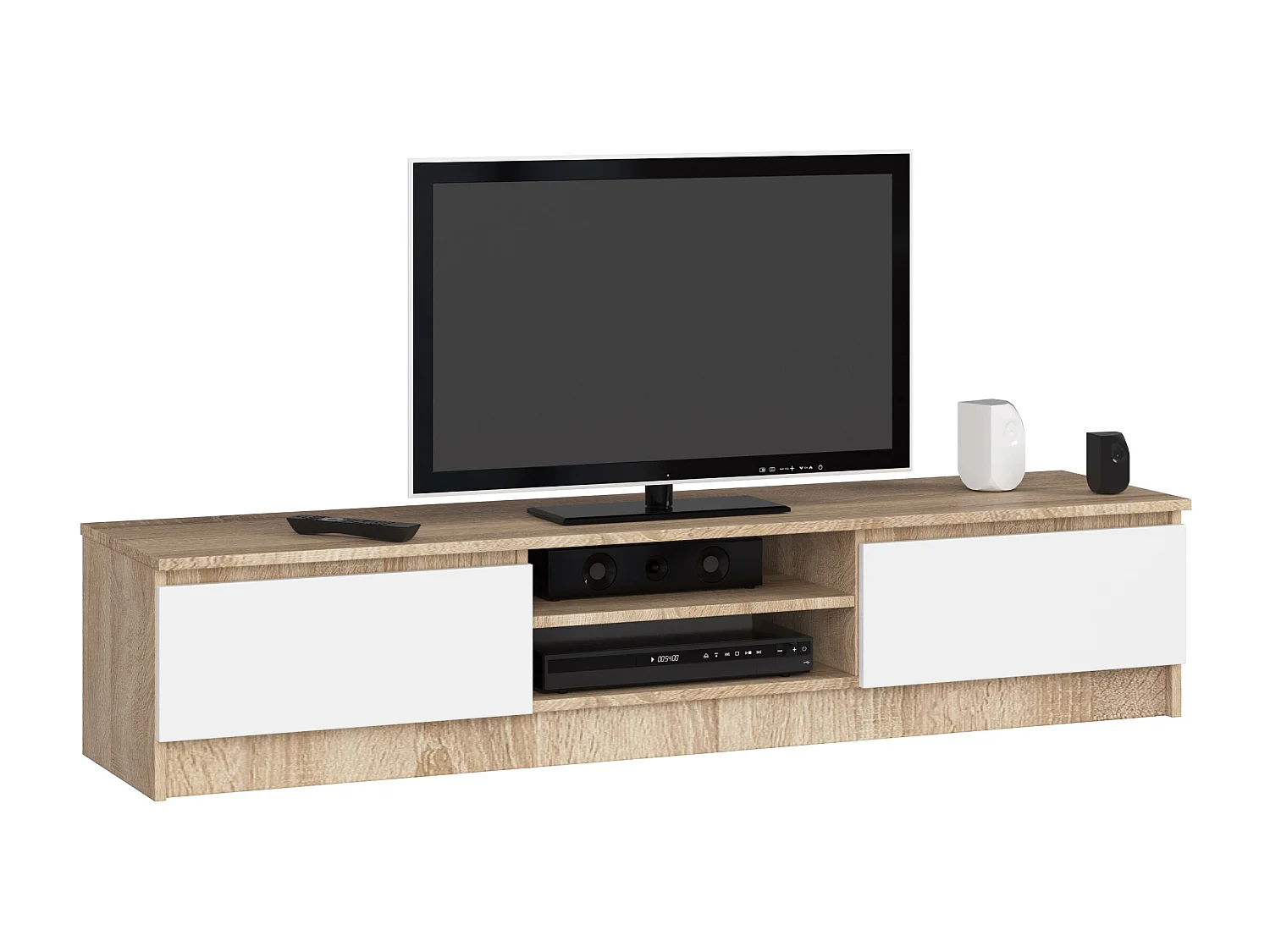 Meuble TV pour salon AKORD Chêne Sonoma 160 cm 2 portes façade Blanche 2 étagères 160x40x33 cm