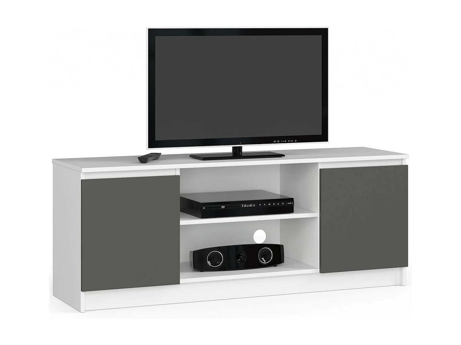 TV Schrank AKORD Fernsehkommode 140 cm Weiß 2 Türen 2 Ebenen Front Graphitgrau B140 x H55 x T40 cm
