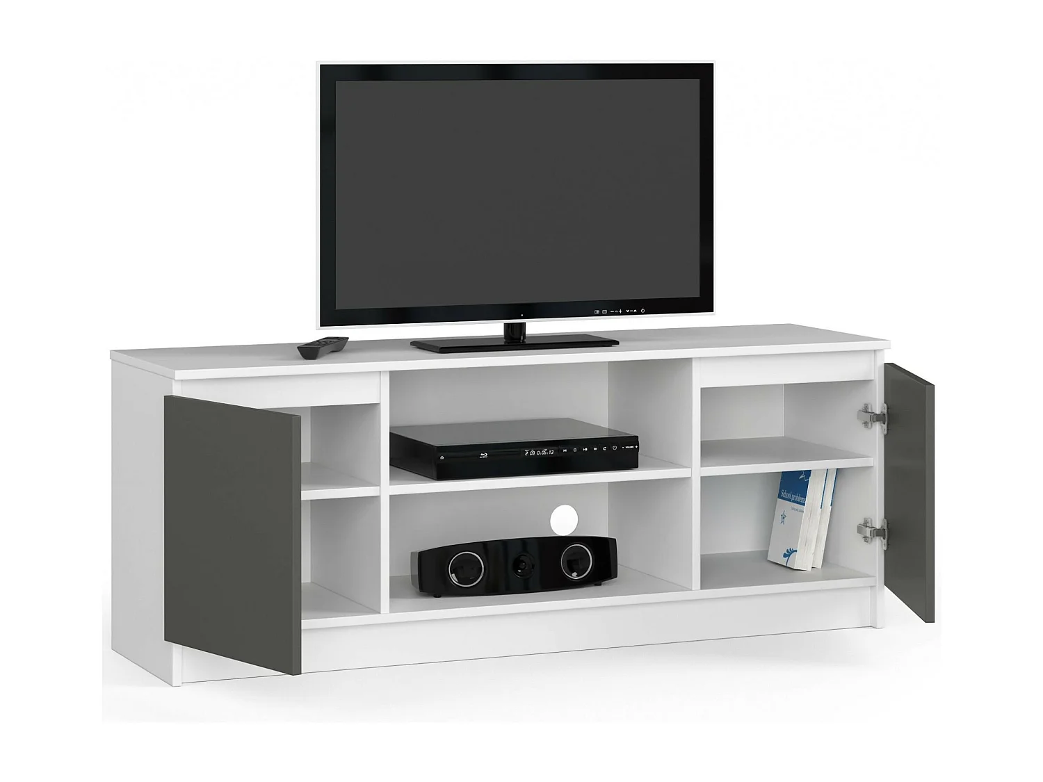 Meuble TV pour salon AKORD Blanc 140 cm 2 portes façade Gris Graphite 2 étagères 140x40x55 cm