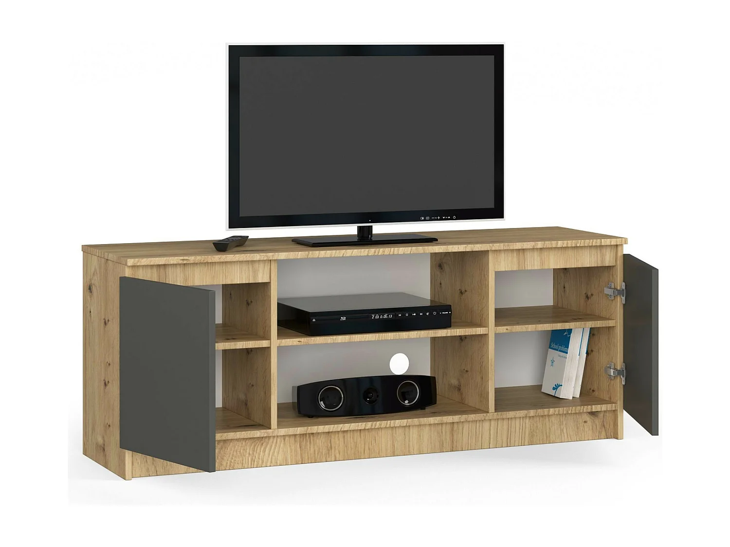 TV Schrank AKORD Fernsehkommode 140 cm Eiche Artisan 2 Türen 2 Ebenen Front Graphitgrau B140 x H55 x T40 cm