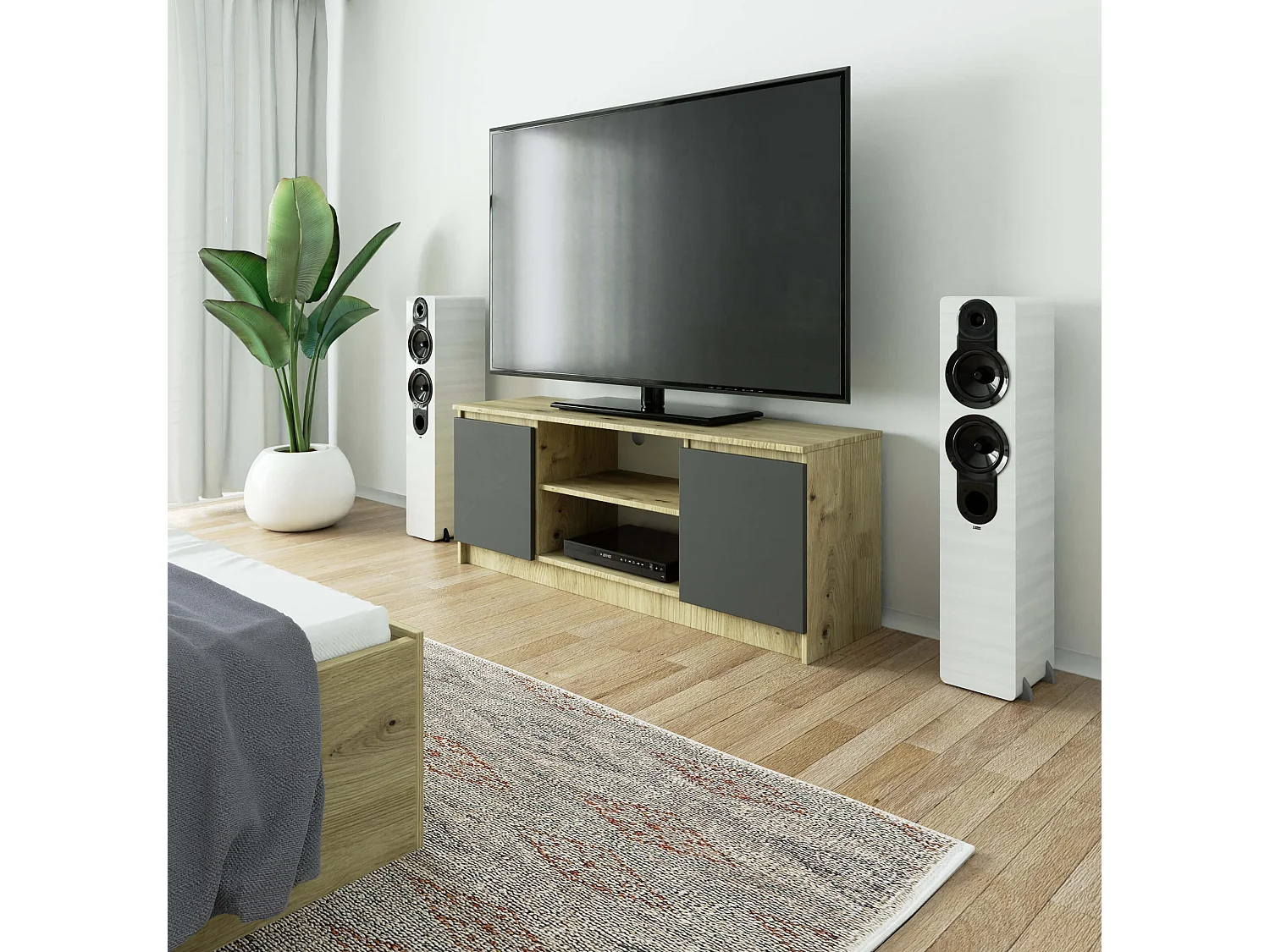 TV Schrank AKORD Fernsehkommode 140 cm Eiche Artisan 2 Türen 2 Ebenen Front Graphitgrau B140 x H55 x T40 cm