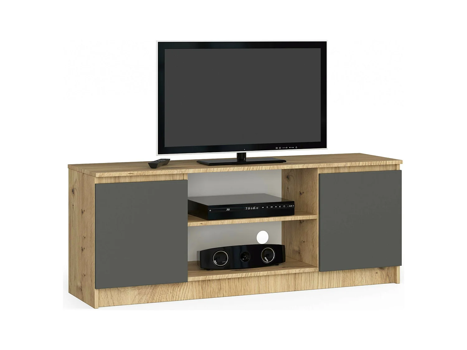 Meuble TV pour salon AKORD Chêne Artisan 140 cm 2 portes façade Gris Graphite 2 étagères 140x40x55 cm