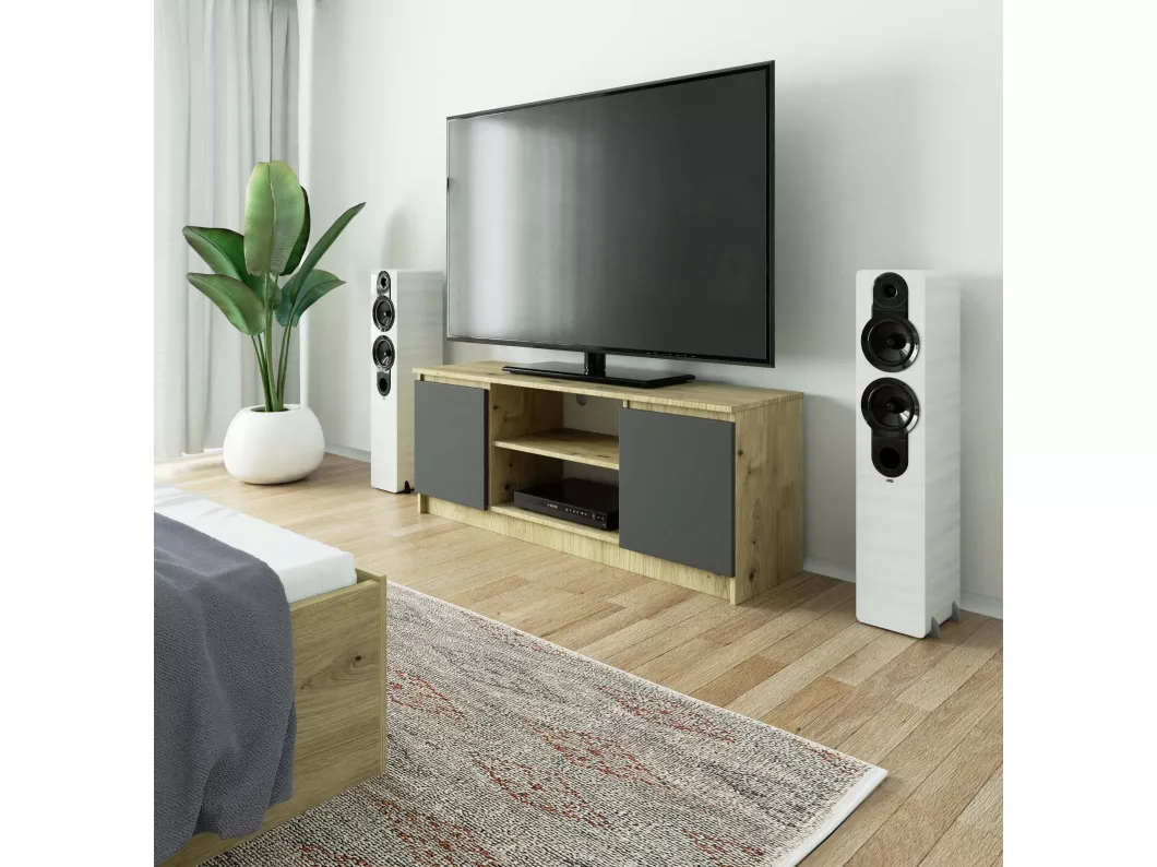 Kauf Unique TV Schrank AKORD Fernsehkommode 140 cm Eiche Artisan 2 Türen 2 Ebenen Front Graphitgrau B140 x H55 x T40 cm