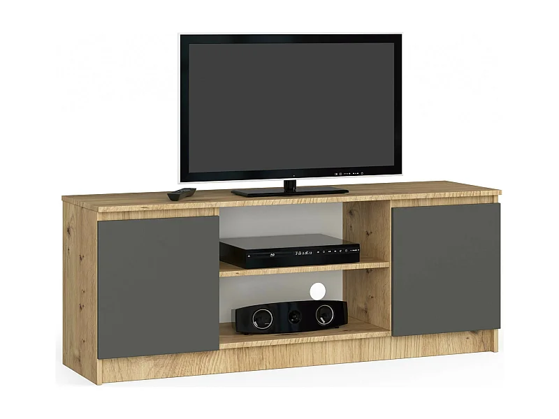 TV Meubel Standaard D140 2D 1P Eiken Artisan/Grijs Mat - Modern Design, 140cm Breed, Met 2 Volle Deuren en 2 Planken, Gemaakt van Gelamineerd Board en ABS Randen