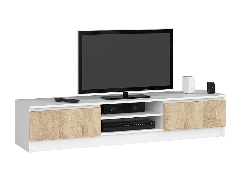 Meuble TV pour salon AKORD Blanc 160 cm 2 portes façade Chêne Sonoma 2 étagères 160x40x33 cm