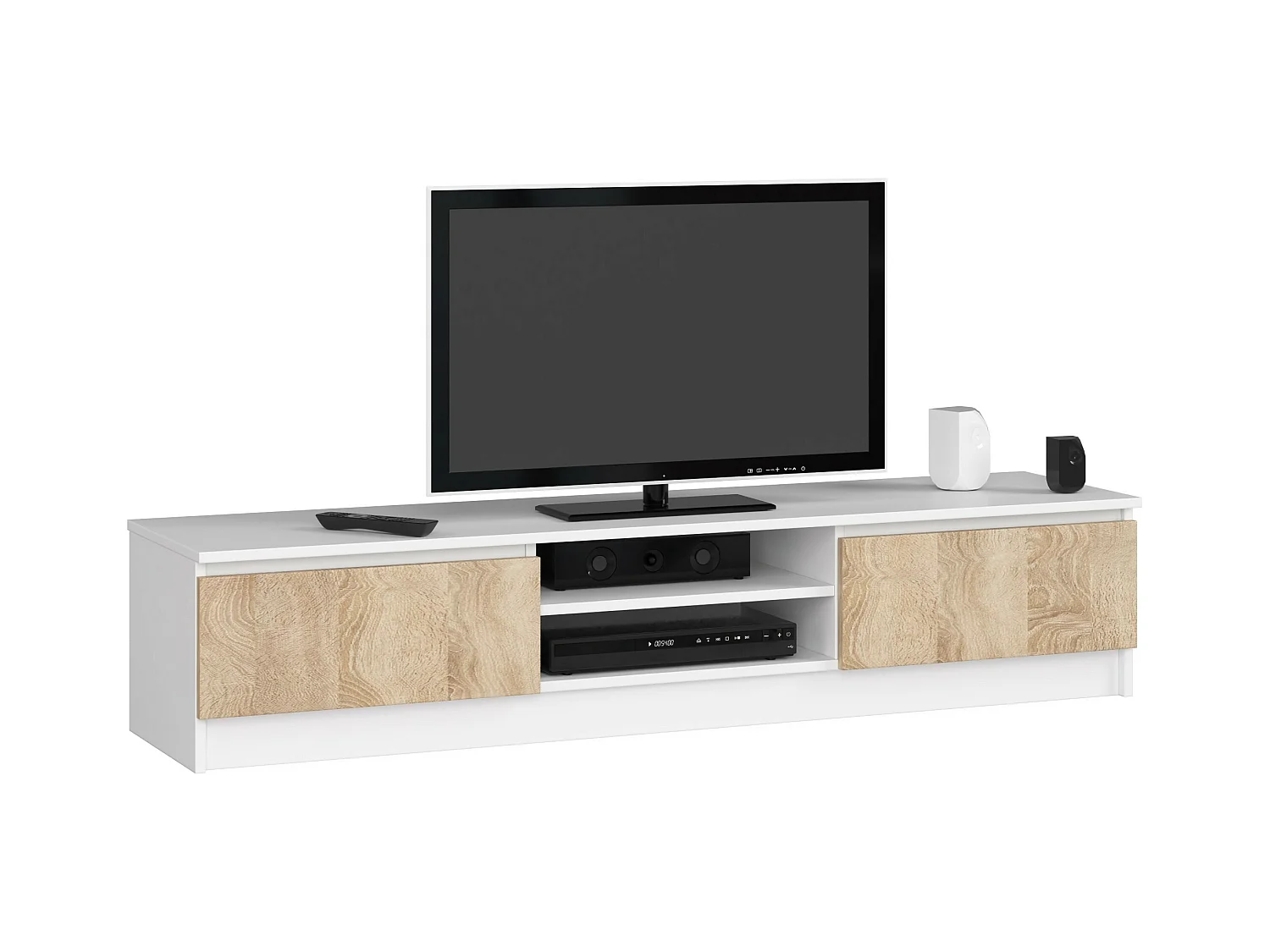 Meuble TV pour salon AKORD Blanc 160 cm 2 portes façade Chêne Sonoma 2 étagères 160x40x33 cm