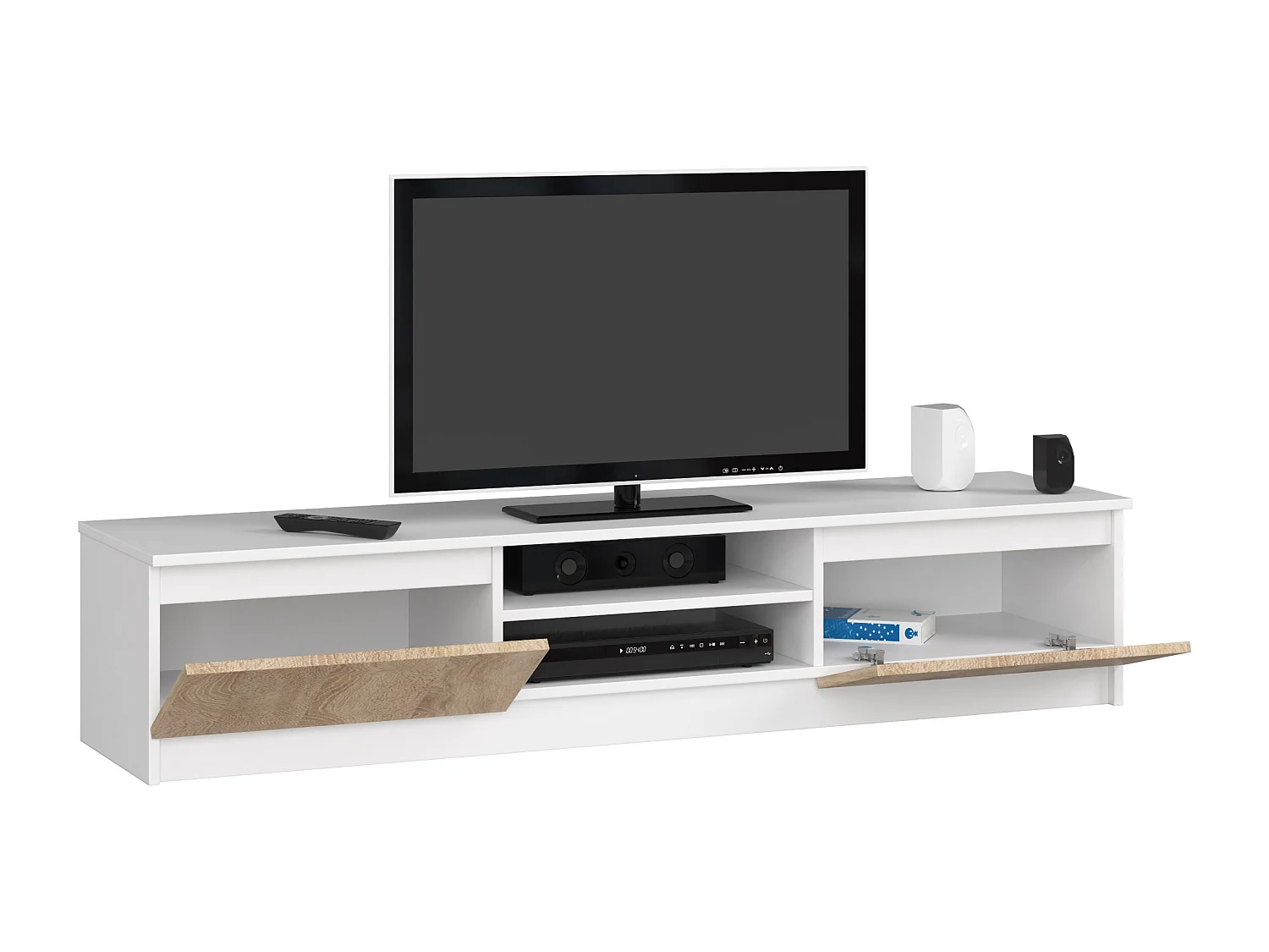 TV-meubel Standaard 160cm Wit/Dubbel Eiken - 2 Deuren, 2 Planken, Mat Afwerking, Zelfmontage, Stijlvol en Functioneel Lamineren - Ideaal voor Woonkamers