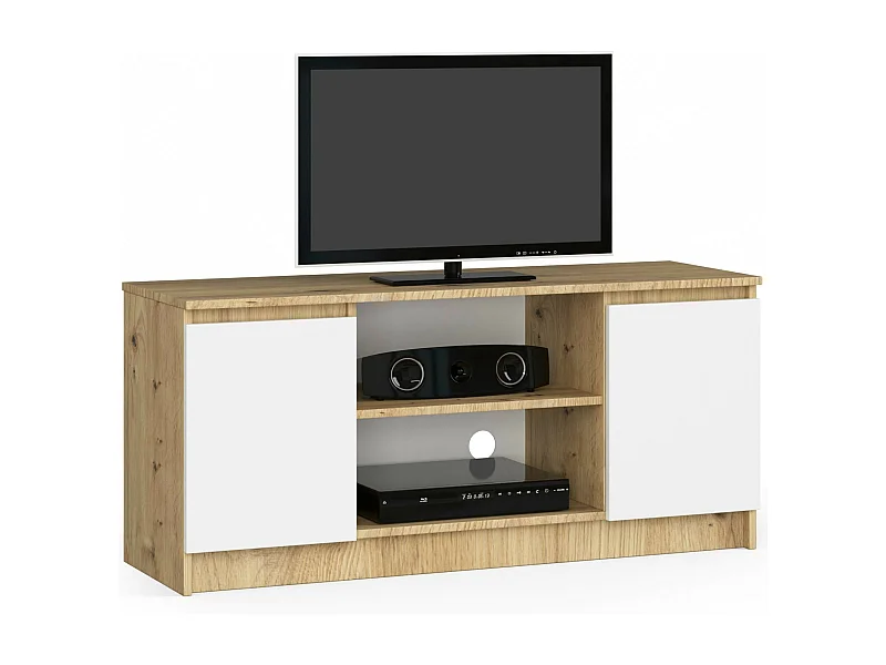 TV Schrank AKORD Fernsehkommode 120 cm Eiche Artisan 2 Türen 2 Ebenen Front Weiß B120 x H55 x T40 cm