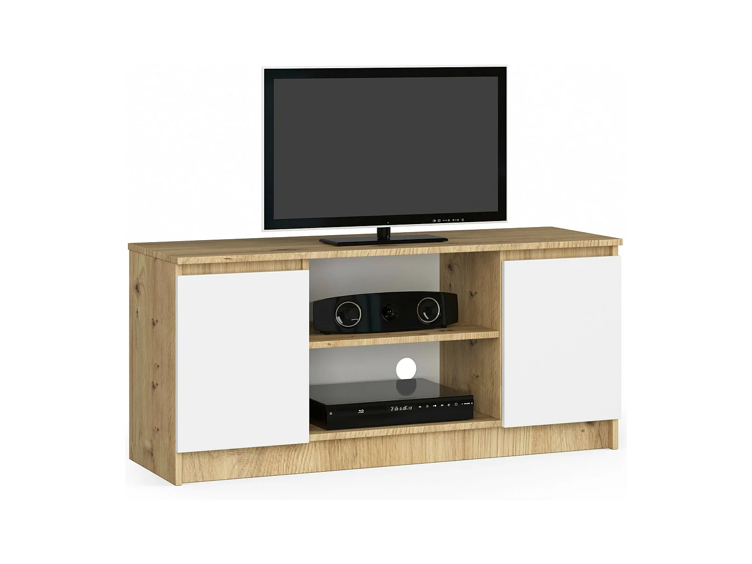 Meuble TV pour salon AKORD Chêne Artisan 120 cm 2 portes façade Blanche 2 étagères 120x40x55 cm