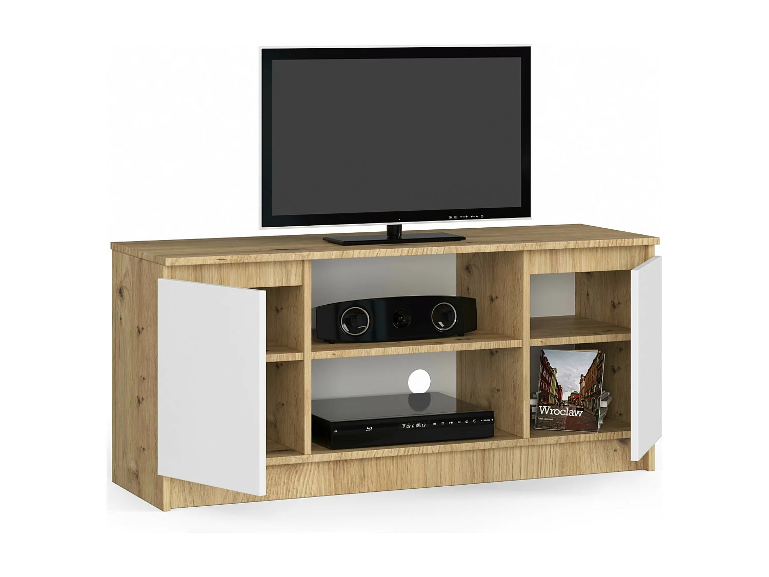 Meuble TV pour salon AKORD Chêne Artisan 120 cm 2 portes façade Blanche 2 étagères 120x40x55 cm