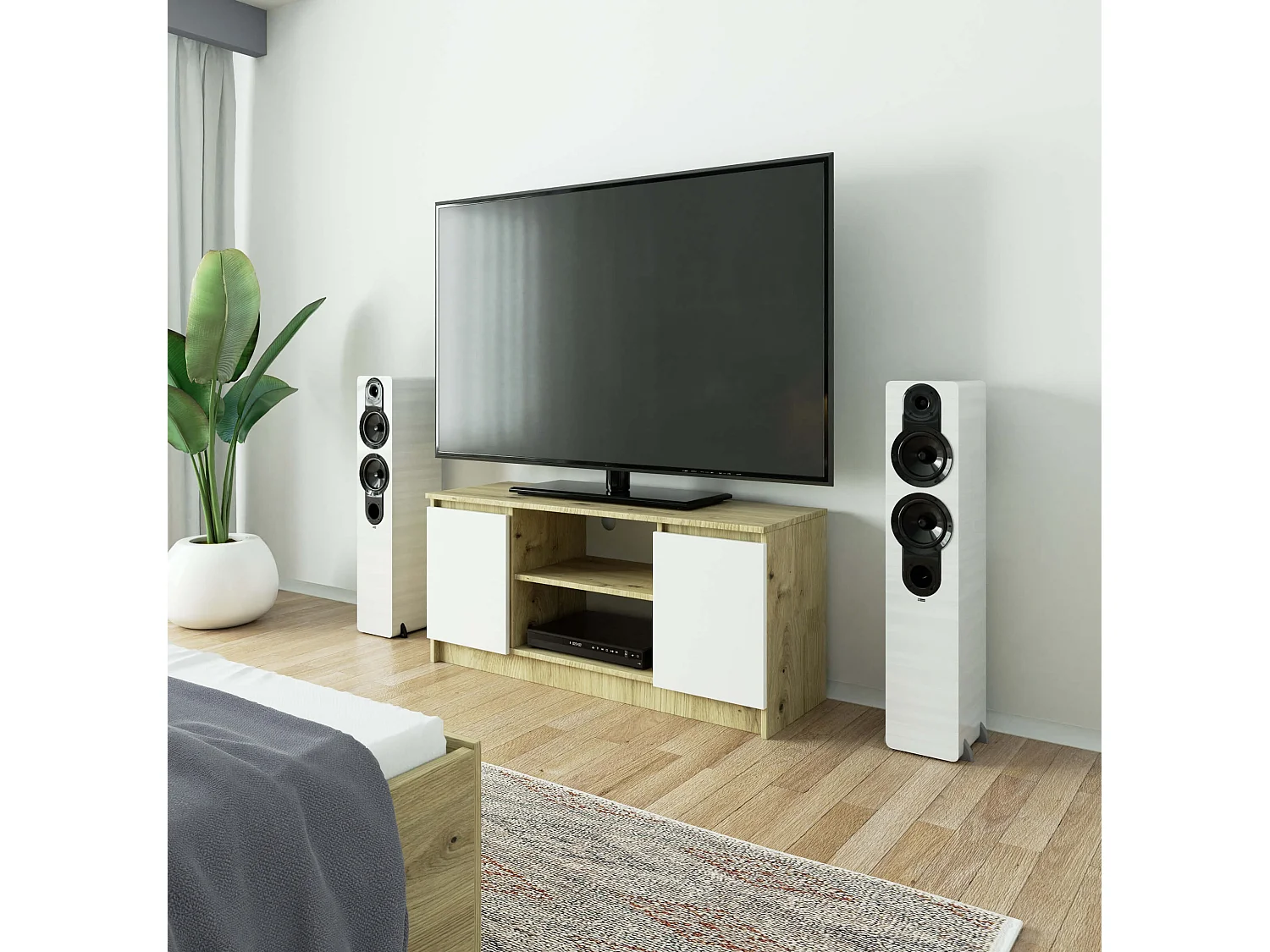 Meuble TV pour salon AKORD Chêne Artisan 120 cm 2 portes façade Blanche 2 étagères 120x40x55 cm