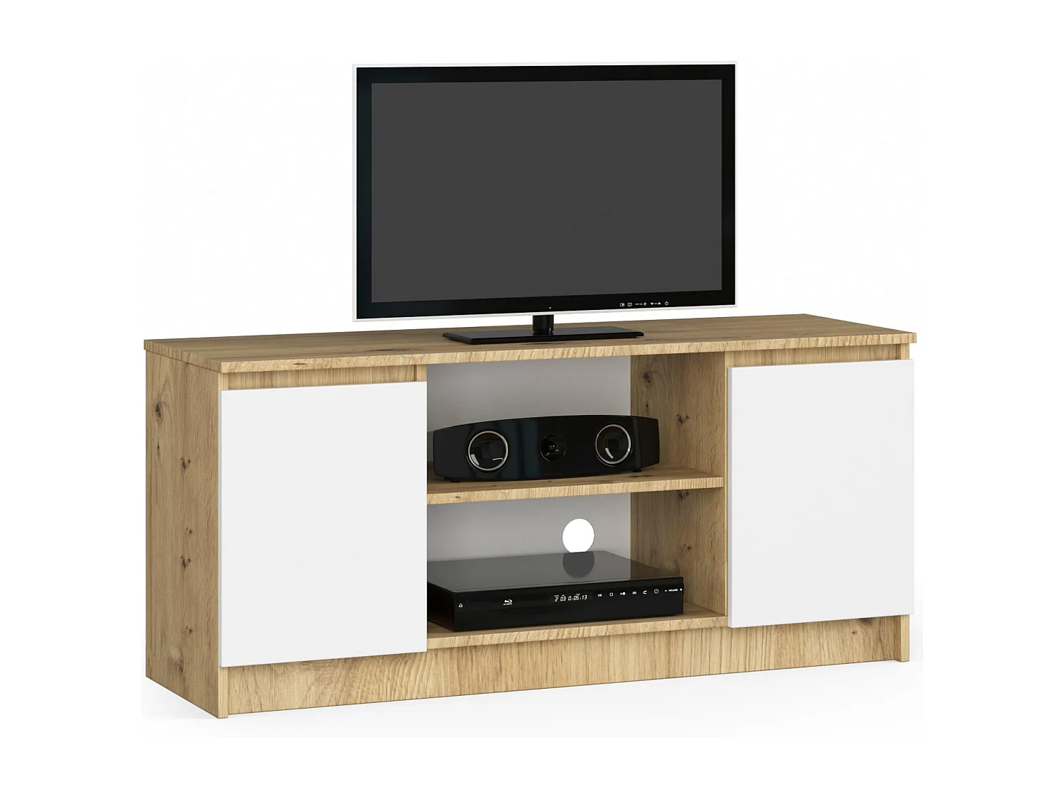 Meuble TV pour salon AKORD Chêne Artisan 120 cm 2 portes façade Blanche 2 étagères 120x40x55 cm