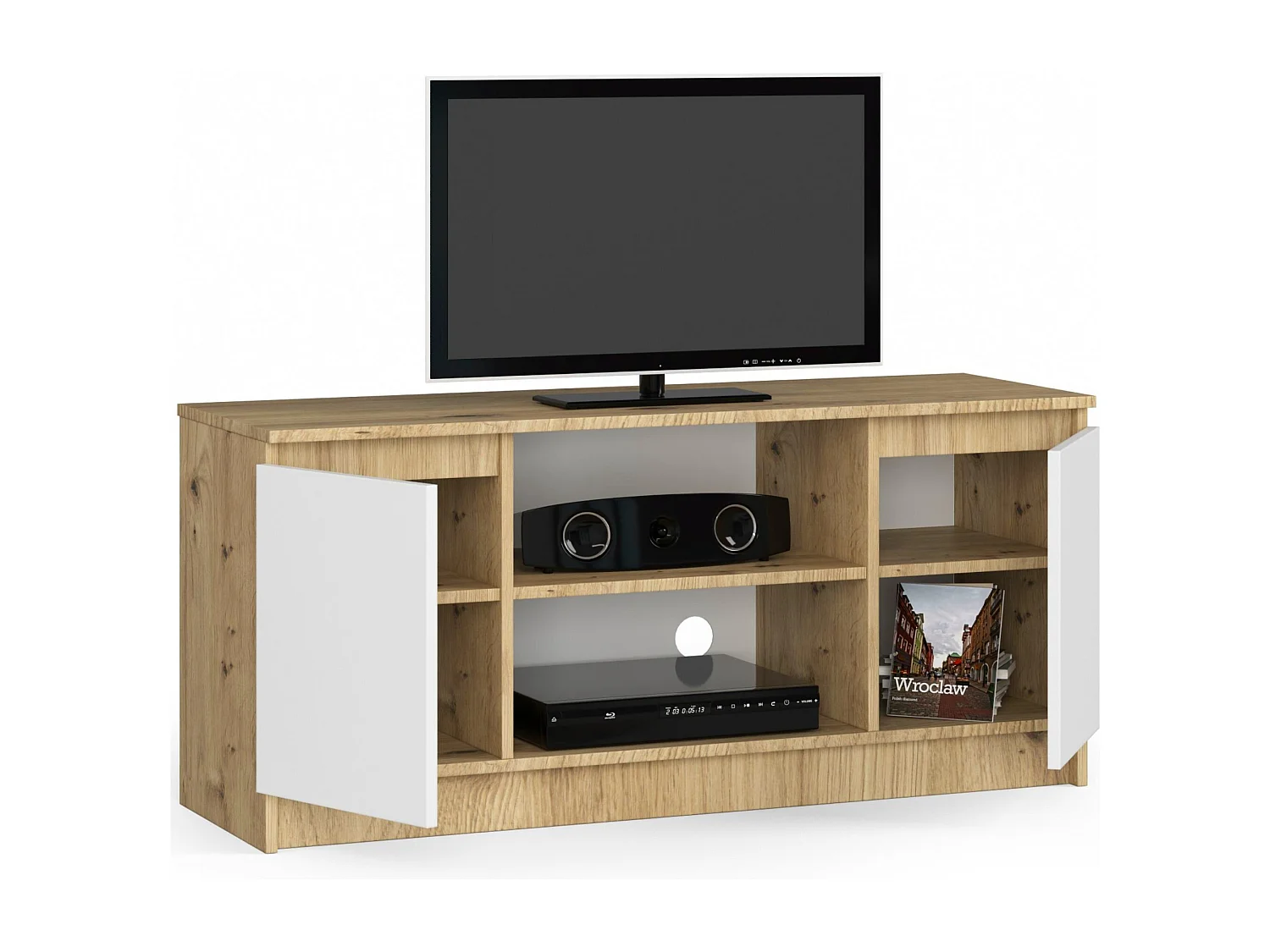 Meuble TV pour salon AKORD Chêne Artisan 120 cm 2 portes façade Blanche 2 étagères 120x40x55 cm