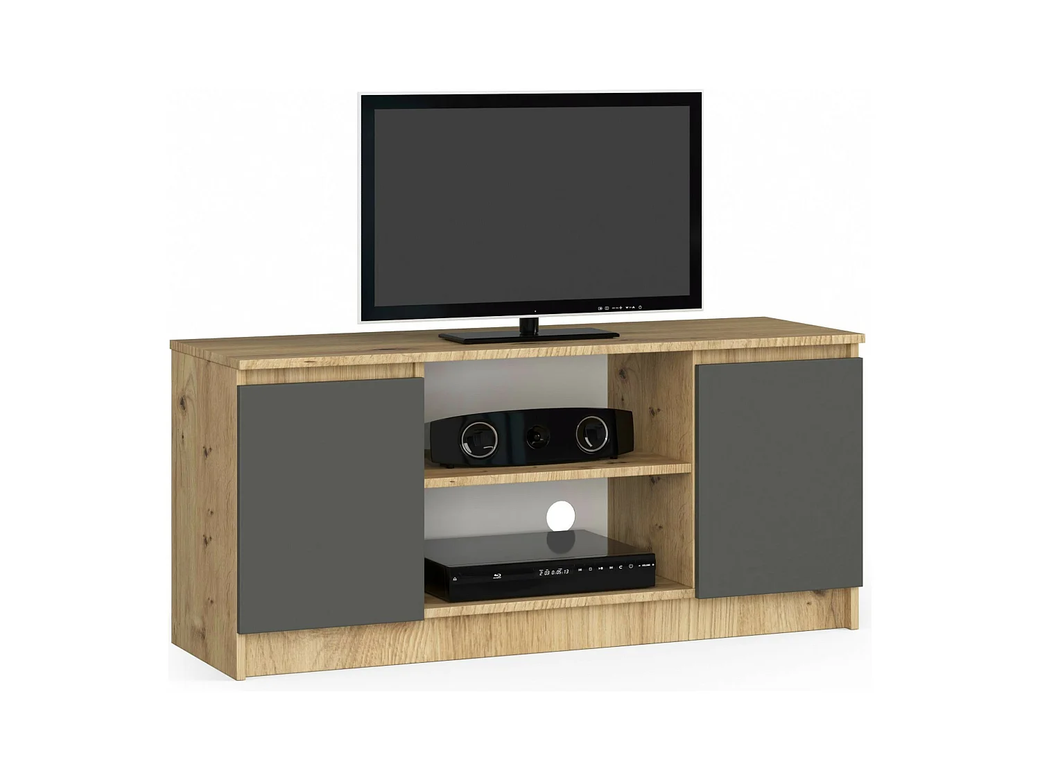 Meuble TV pour salon AKORD Chêne Artisan 120 cm 2 portes façade Gris Graphite 2 étagères 120x40x55 cm