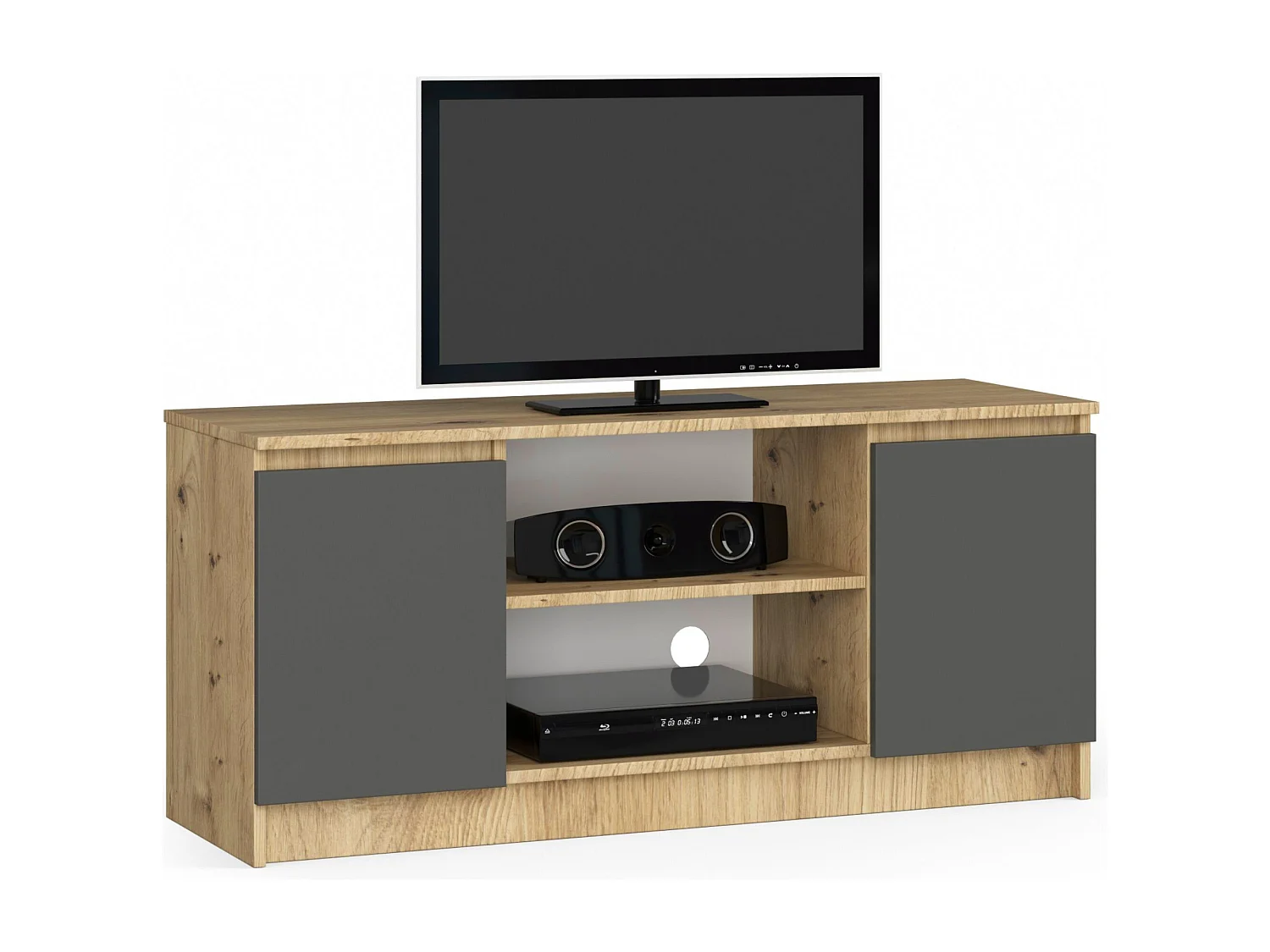 Meuble TV pour salon AKORD Chêne Artisan 120 cm 2 portes façade Gris Graphite 2 étagères 120x40x55 cm