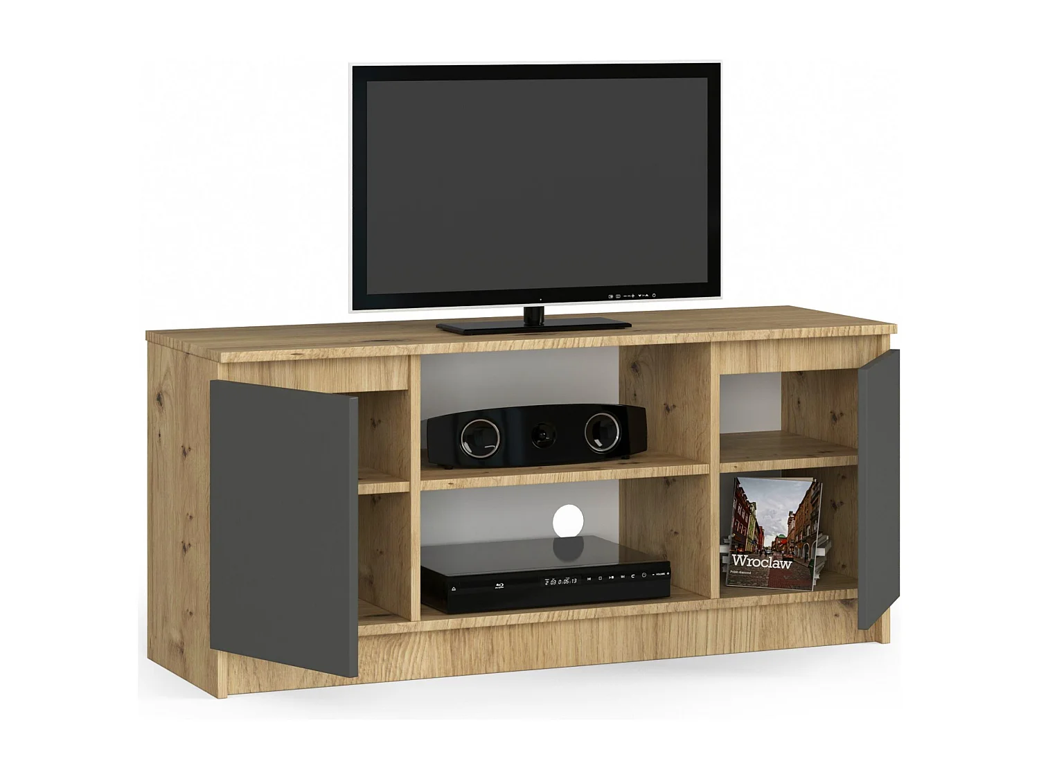 Meuble TV pour salon AKORD Chêne Artisan 120 cm 2 portes façade Gris Graphite 2 étagères 120x40x55 cm