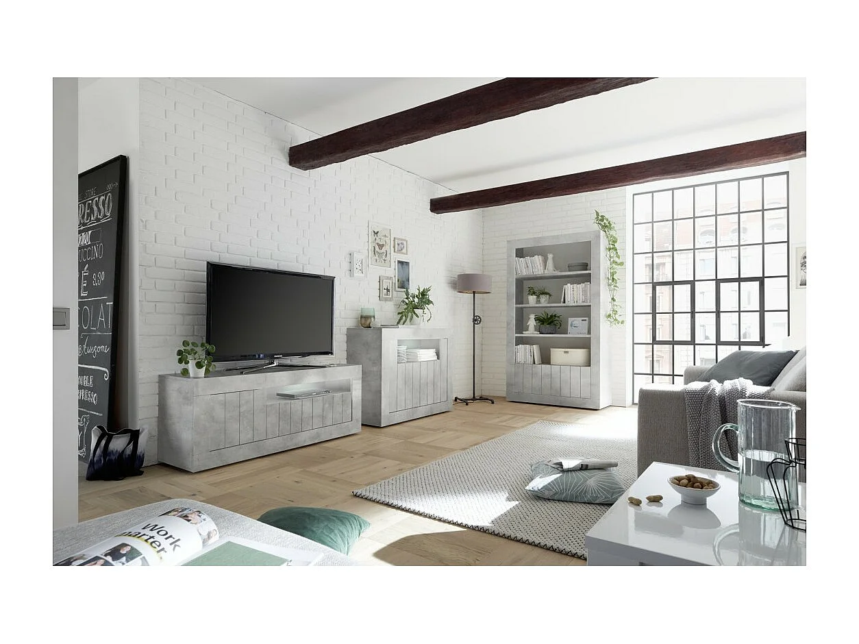 Meuble TV 3 portes battantes en bois, coloris béton, collection URBAN