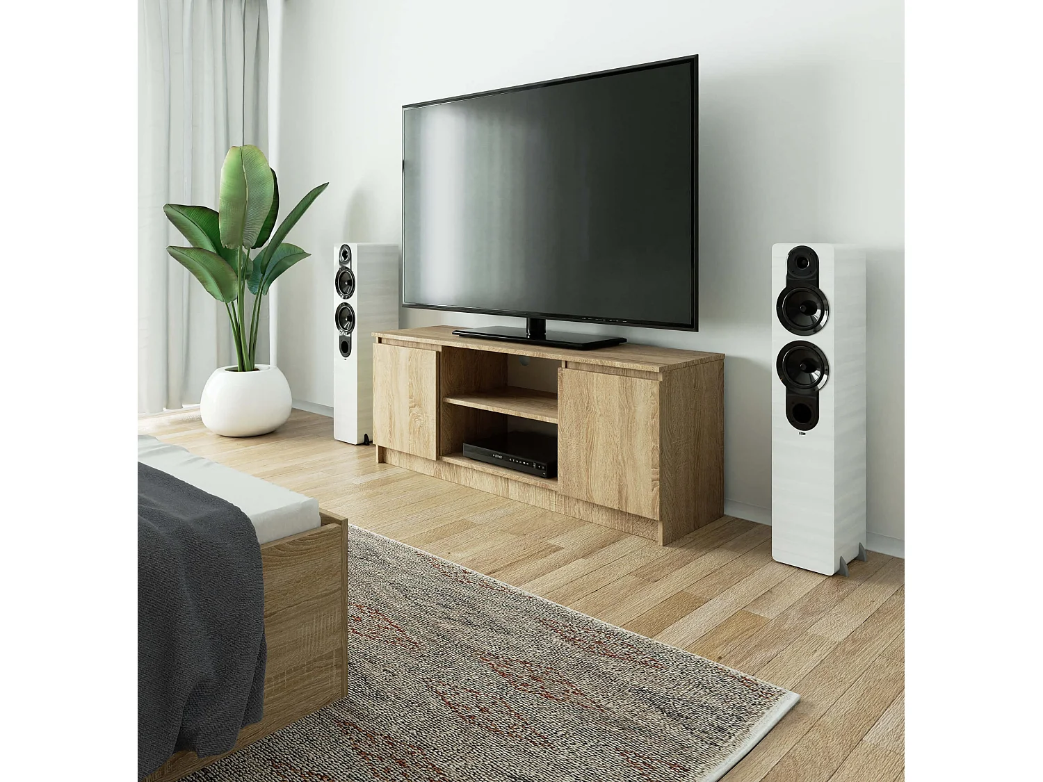 Meuble TV pour salon AKORD Chêne Sonoma 140 cm 2 portes façade Chêne Sonoma 2 étagères 140x40x55 cm