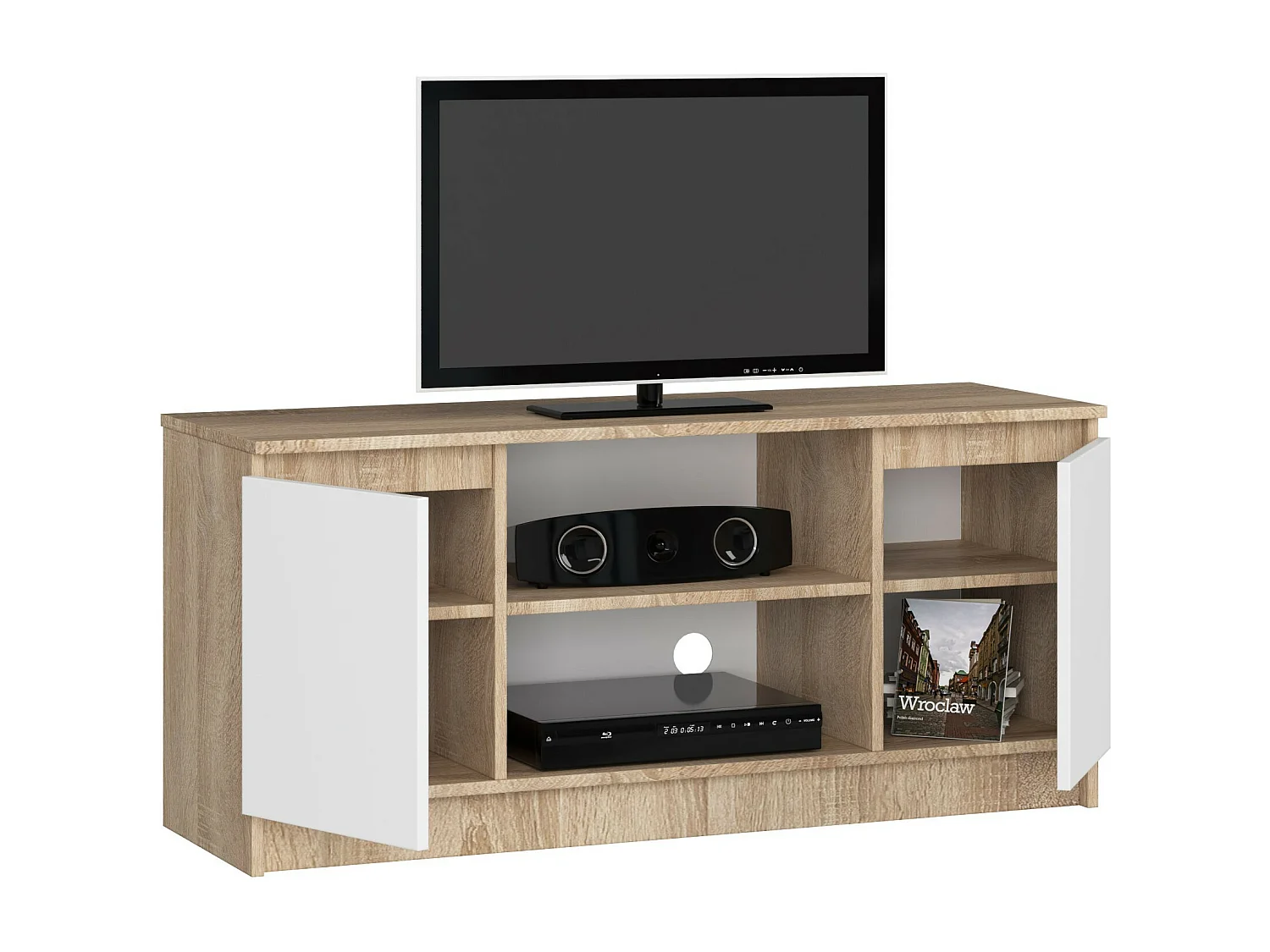 TV-Meubel Dąb Sonoma/Wit 120 cm met 2 Deuren en 1 Plank, Laminaat en ABS Rand, Mat Afwerking, Zelfmontage