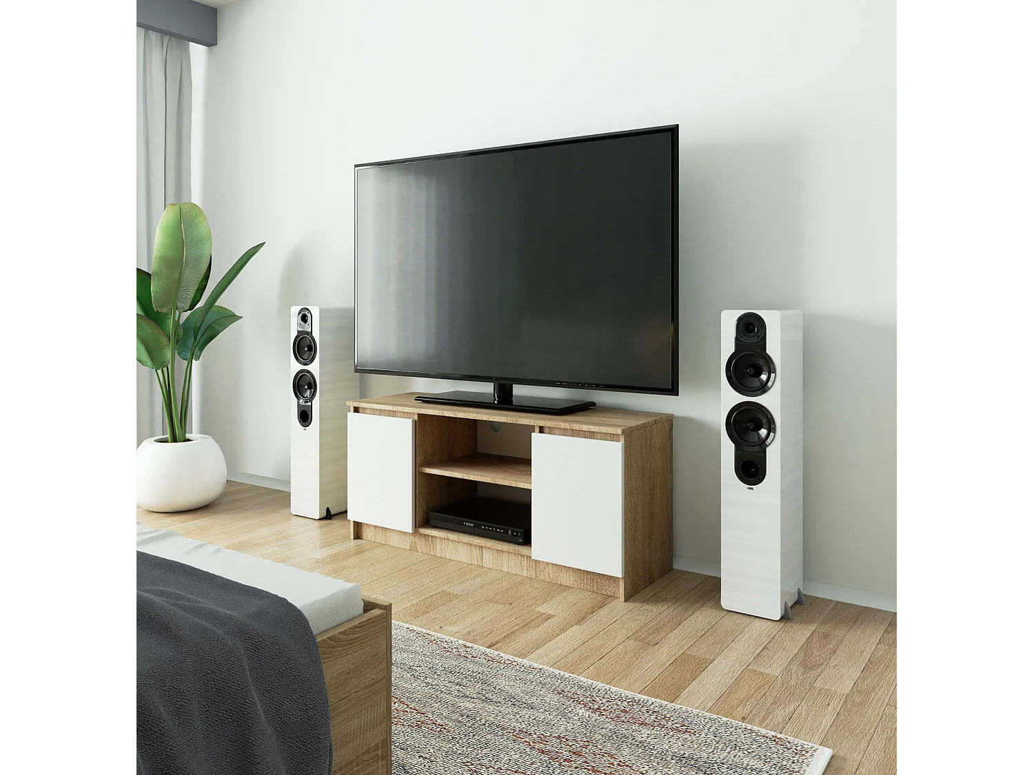 TV-Meubel Dąb Sonoma/Wit 120 cm met 2 Deuren en 1 Plank, Laminaat en ABS Rand, Mat Afwerking, Zelfmontage