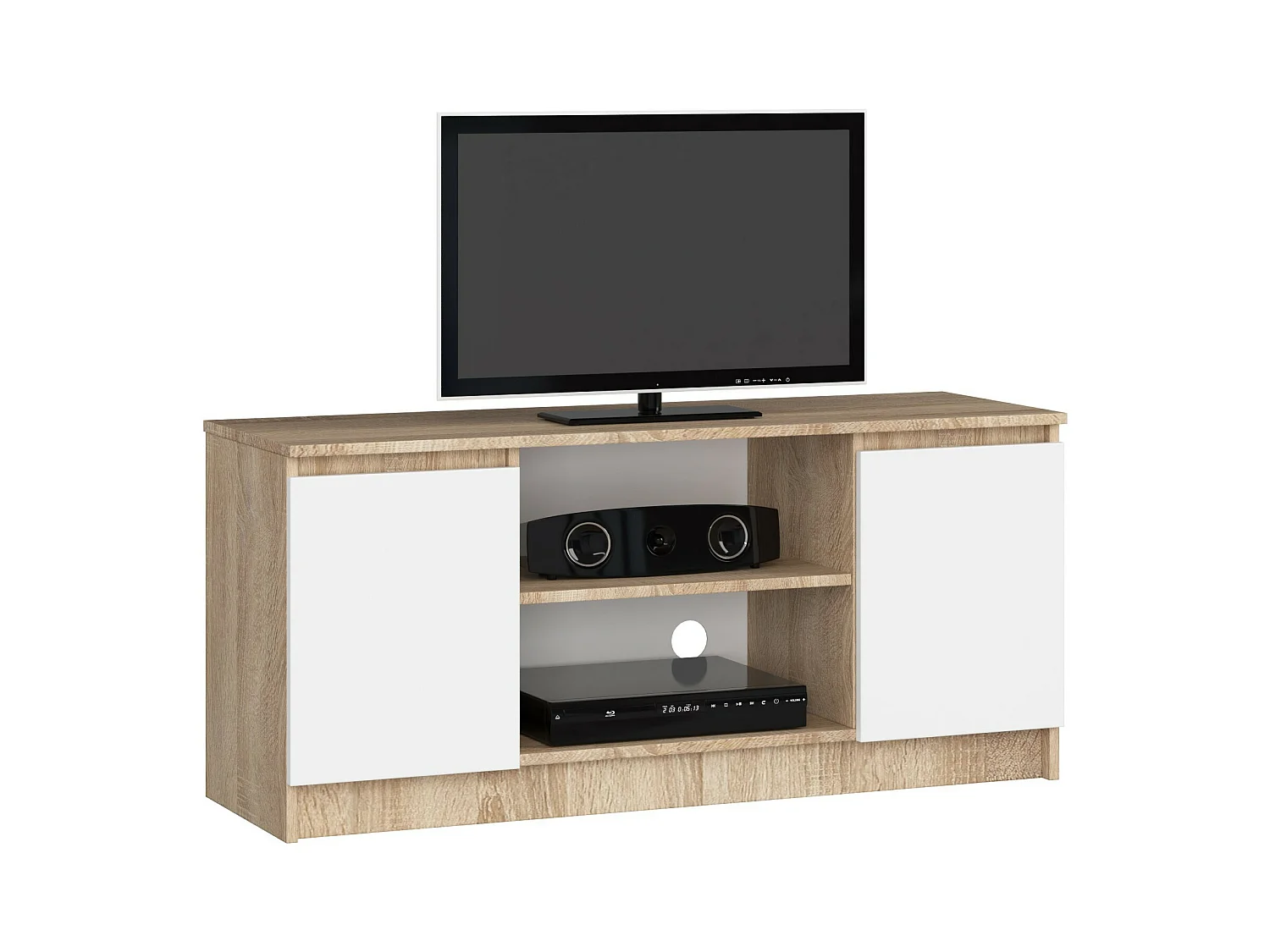 Meuble TV pour salon AKORD Chêne Sonoma 120 cm 2 portes façade Blanche 2 étagères 120x40x55 cm