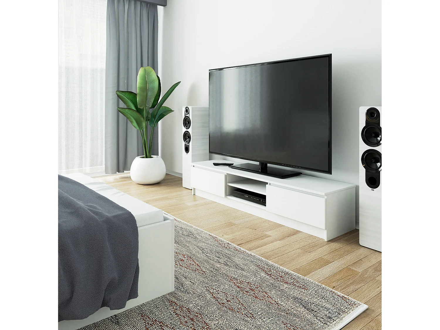 Meuble TV pour salon AKORD Blanc 160 cm 2 portes façade Blanche 2 étagères 160x40x33 cm