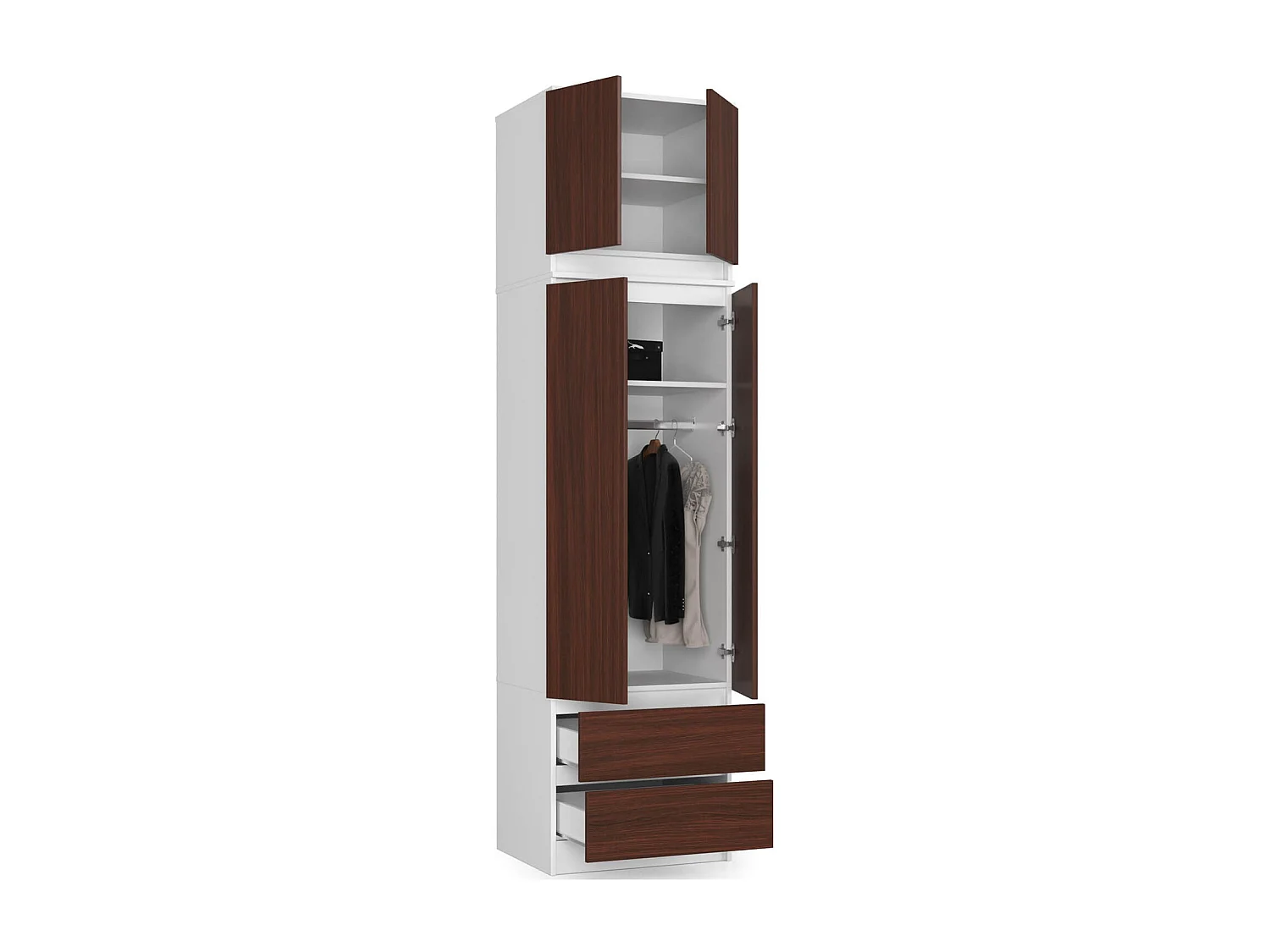 Armoire avec surmeuble AKORD STAR Blanche 60 cm 2 portes 2 tiroirs façade Wengé 3 étagères 60x51x234 cm