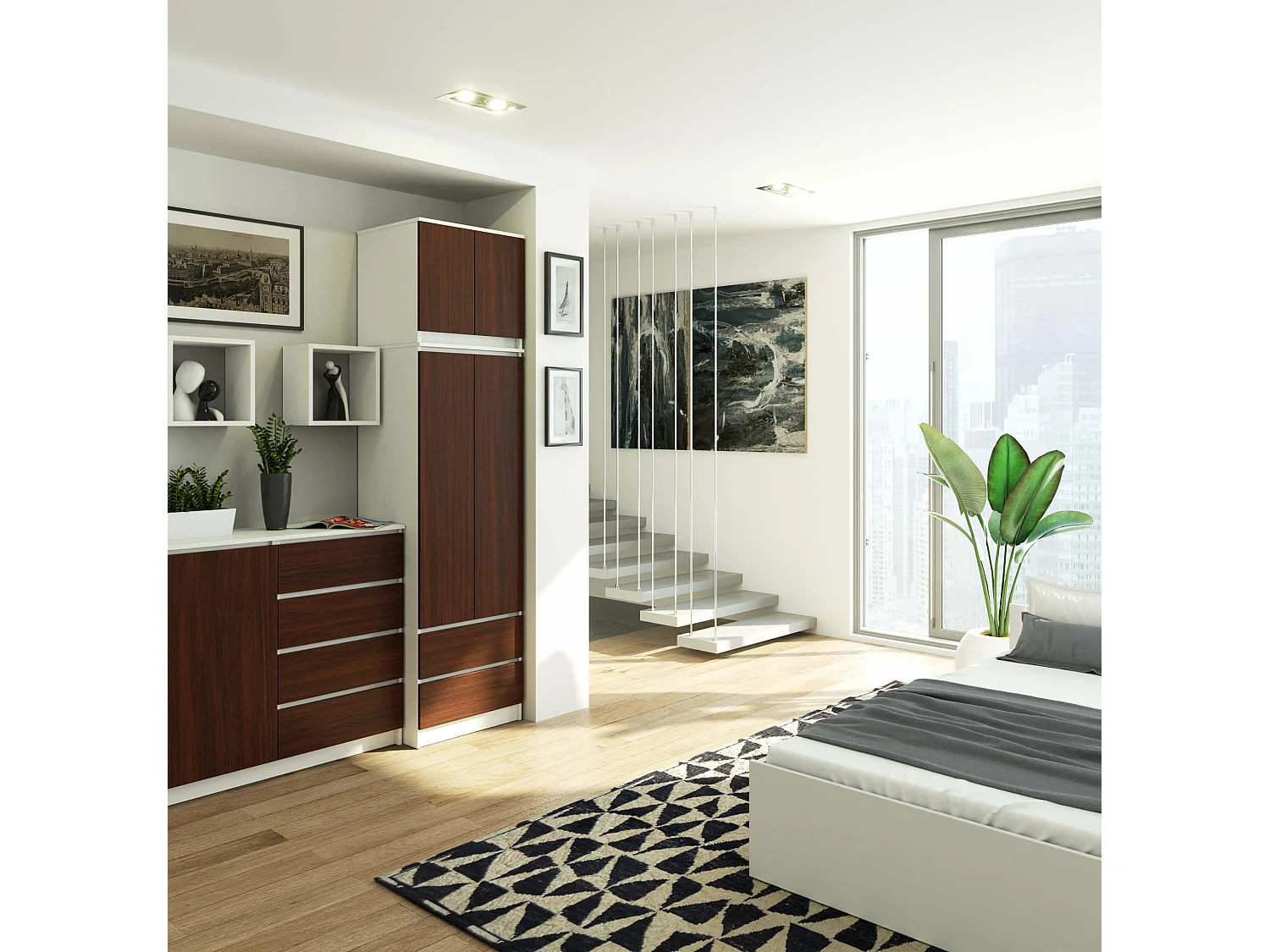 Armoire avec surmeuble AKORD STAR Blanche 60 cm 2 portes 2 tiroirs façade Wengé 3 étagères 60x51x234 cm
