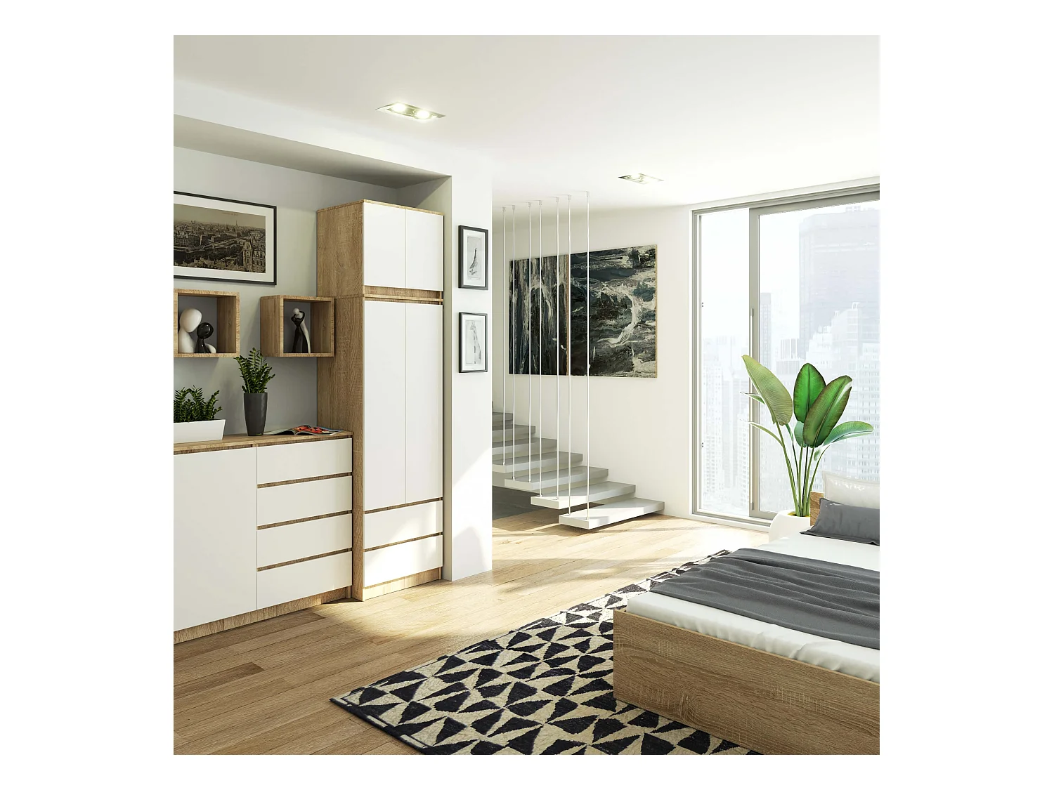 Szafa AKORD S60 z nadstawką Dąb Sonoma 60 cm 2 drzwi 2 szuflady kolor Biały mat 3 półki 60x51x234 cm