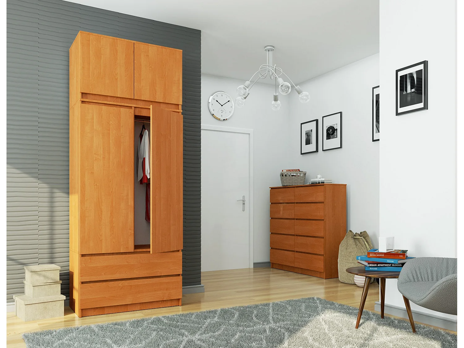 Armoire avec surmeuble AKORD S90 Aulne 90 cm 2 portes 2 tiroirs façade Aulne 6 étagères 90x51x234 cm