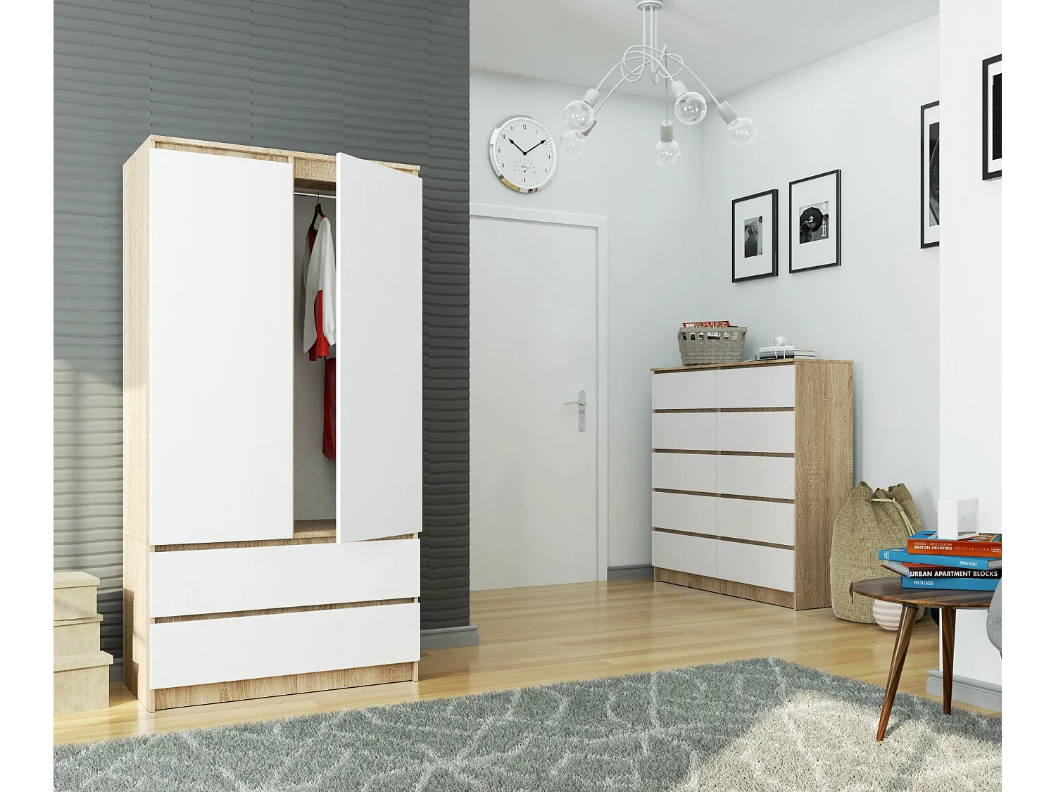 Armoire AKORD S90 Chêne Sonoma 90 cm 2 portes 2 tiroirs façade Blanche 4 étagères 90x51x180 cm