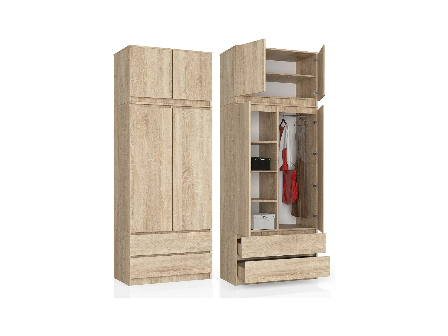 Kleiderschrank AKORD S90 mit Aufsatz Sonoma-Eiche 90 cm 2 Türen 2 Schubladen 6 Ebenen B90 x H234 x T51 cm
