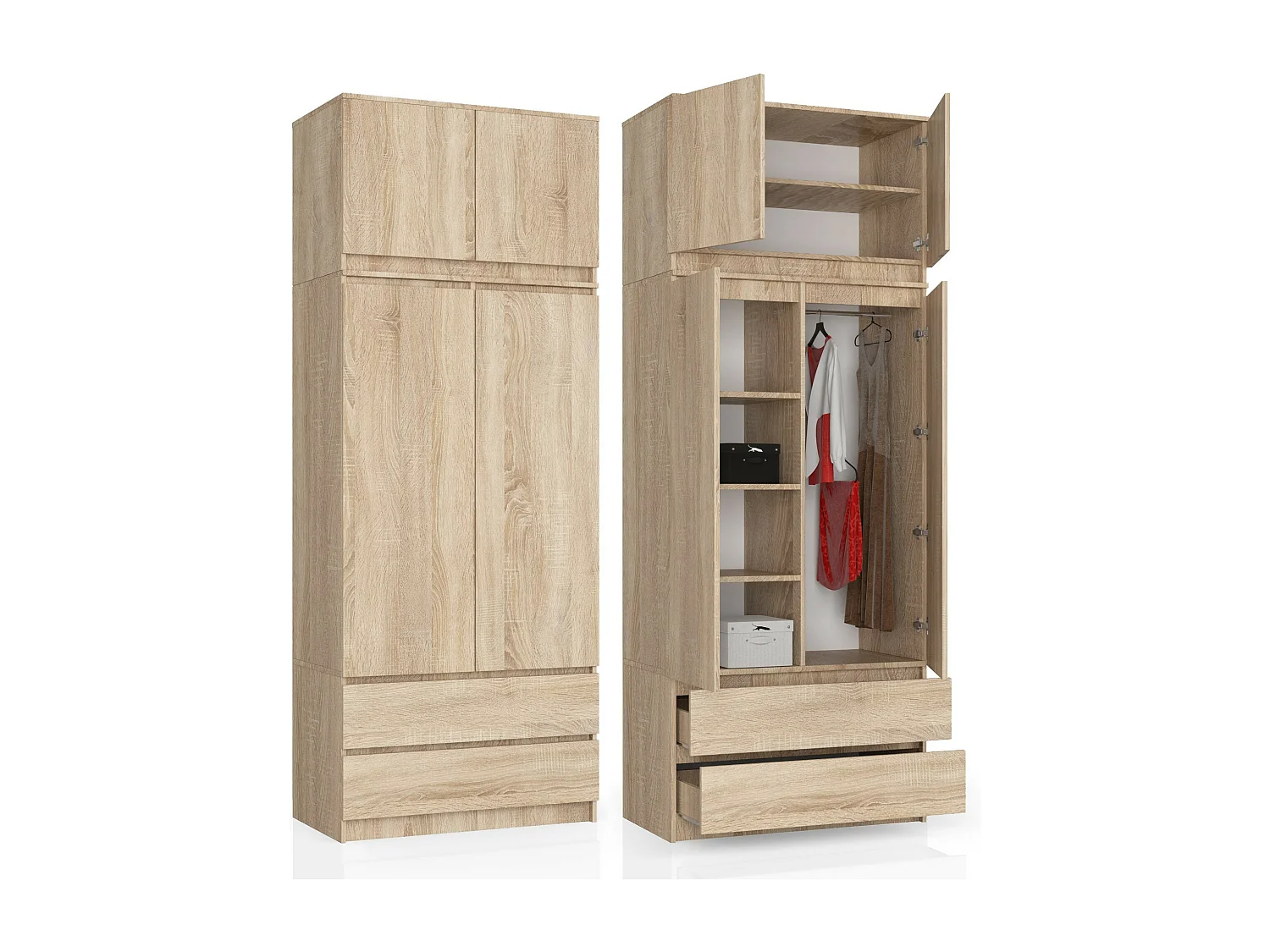 Armoire avec surmeuble AKORD S90 Chêne Sonoma 90 cm 2 portes 2 tiroirs façade Chêne Sonoma 6 étagères 90x51x234 cm