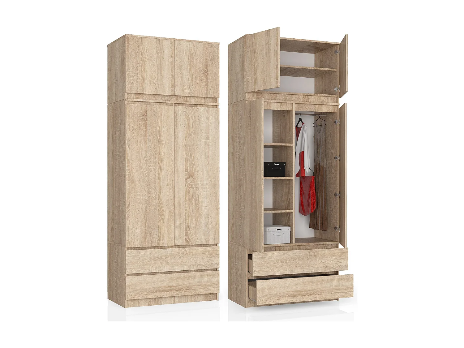 Szafa AKORD S90 z nadstawką Dąb Sonoma 90 cm 2 drzwi 2 szuflady kolor Dąb Sonoma mat 6 półek 90x51x234 cm