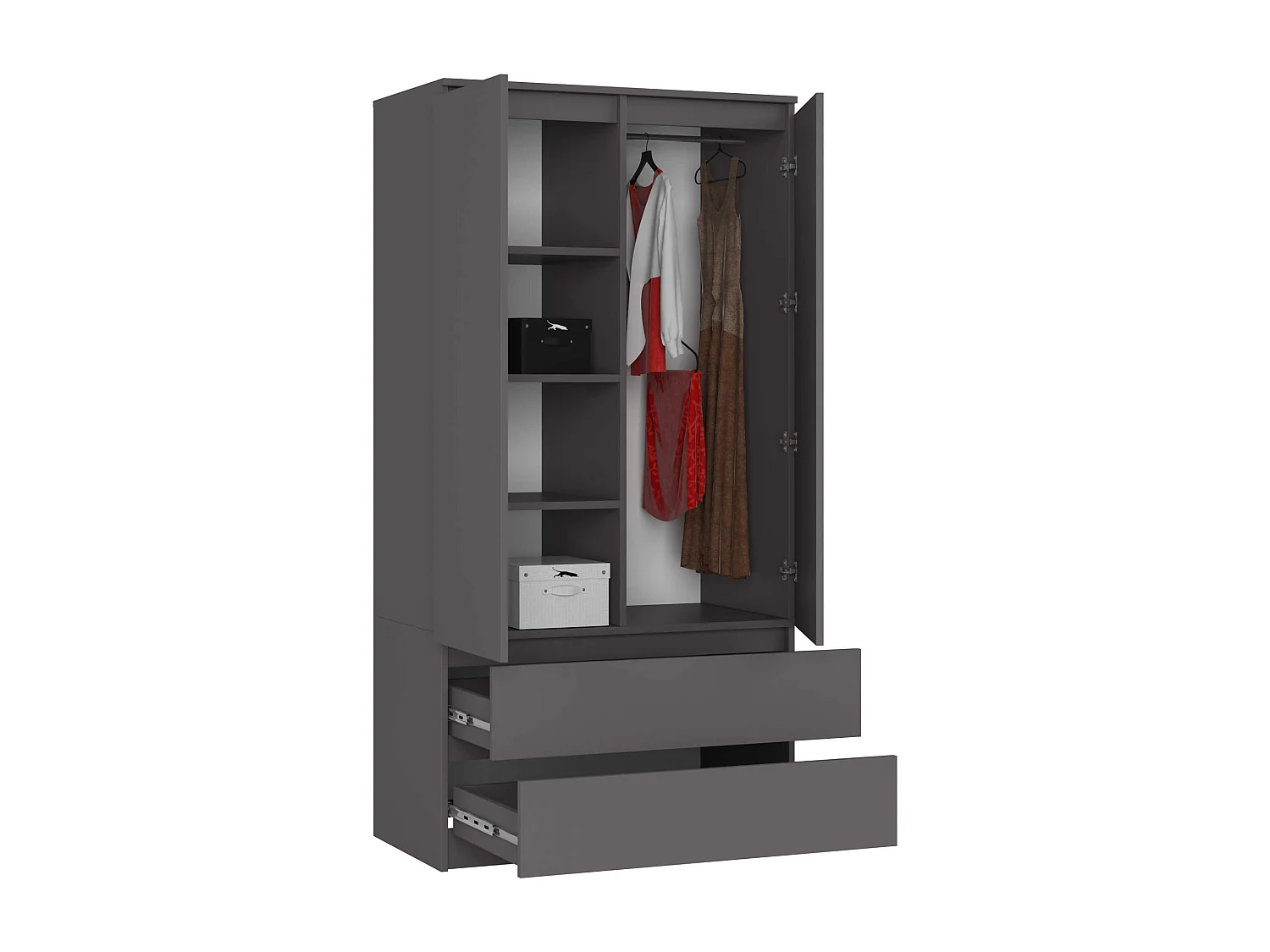 Armario AKORD S90 Gris Grafito 90 cm 2 puertas 2 cajones frente en color Gris Grafito 4 estantes 90x51x180 cm