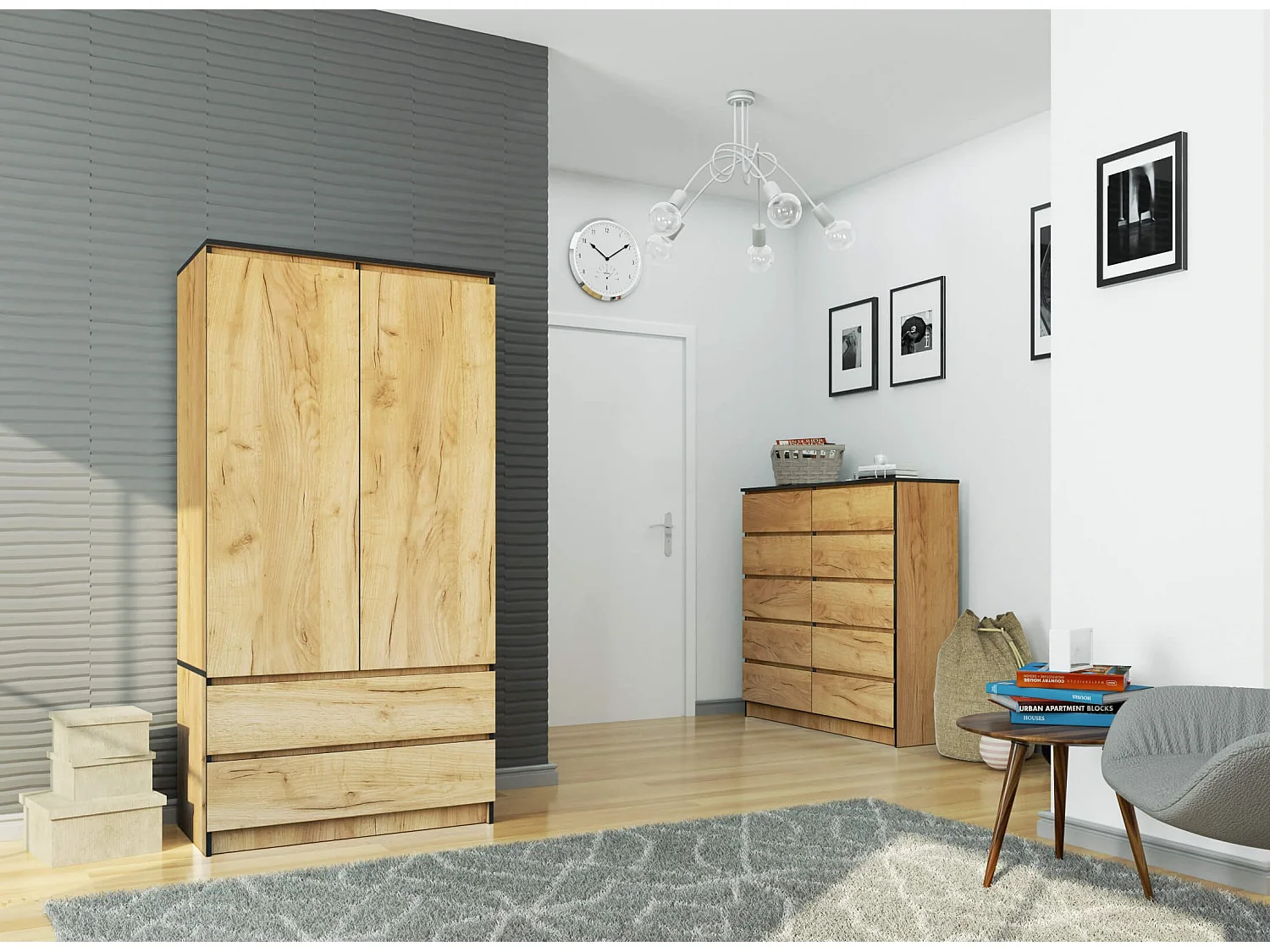 Kleiderschrank AKORD S90 Eiche Craft 90 cm 2 Türen 2 Schubladen 4 Ebenen B90 x H180 x T51 cm