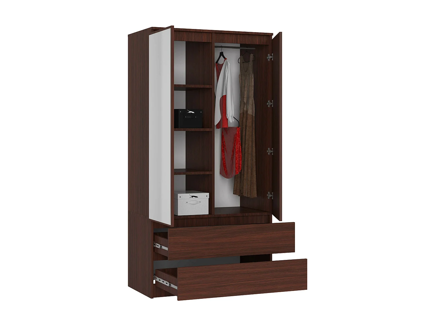 Armoire AKORD S90 avec miroir Wengé 90 cm 2 portes 2 tiroirs façade Wengé 4 étagères 90x51x180 cm