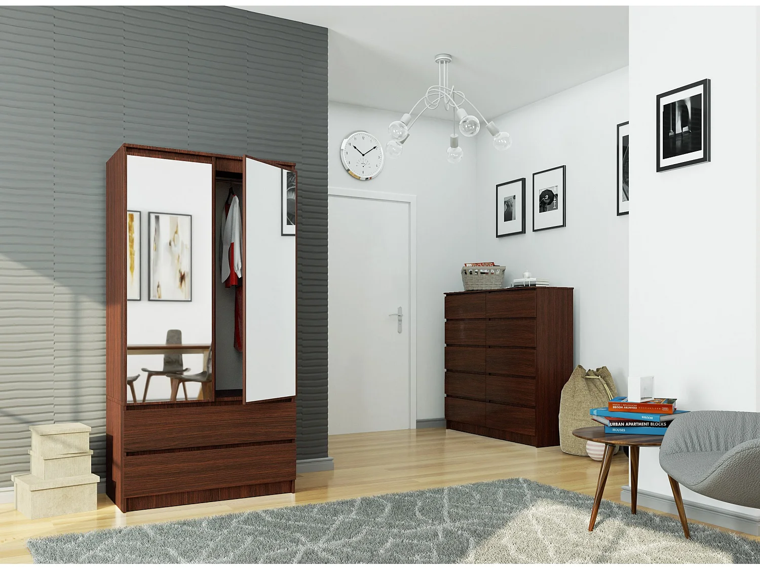 Armoire AKORD S90 avec miroir Wengé 90 cm 2 portes 2 tiroirs façade Wengé 4 étagères 90x51x180 cm