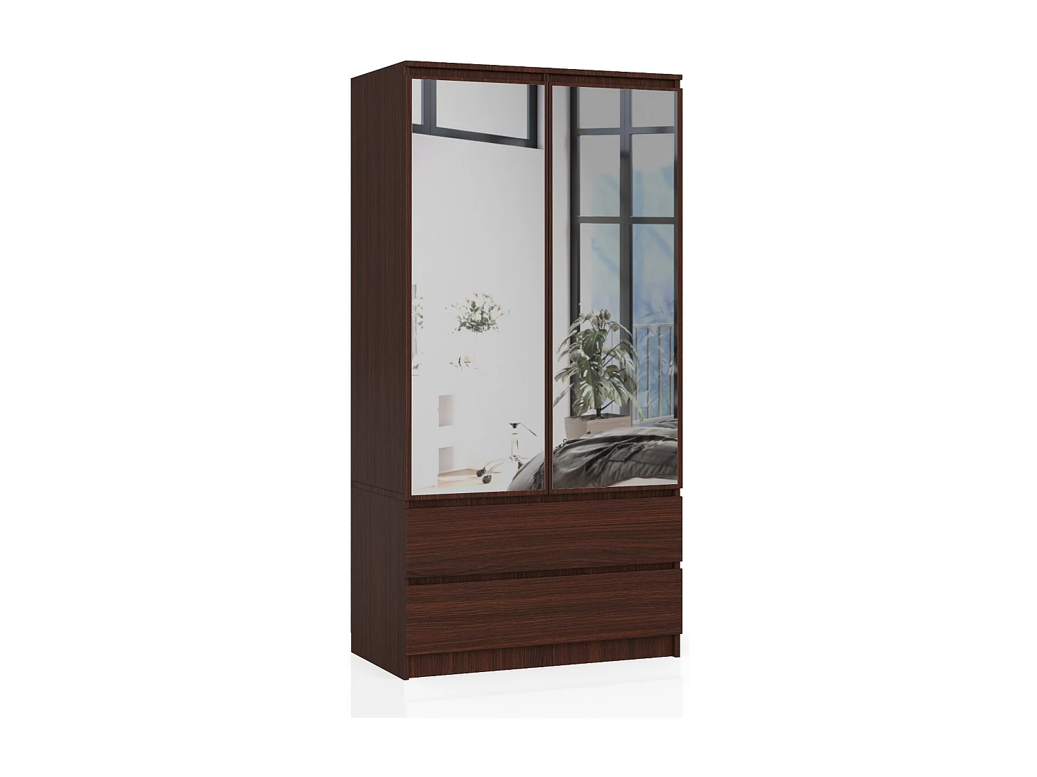 Armoire AKORD S90 avec miroir Wengé 90 cm 2 portes 2 tiroirs façade Wengé 4 étagères 90x51x180 cm