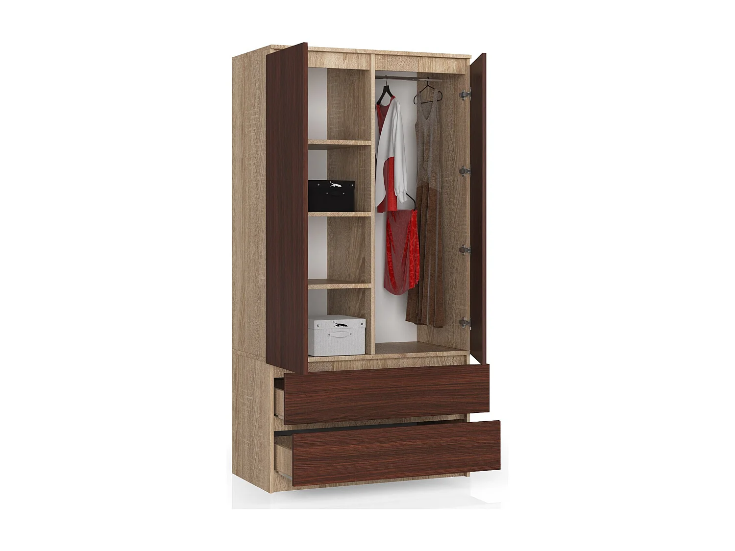 Armoire AKORD S90 Chêne Sonoma 90 cm 2 portes 2 tiroirs façade Wengé 4 étagères 90x51x180 cm
