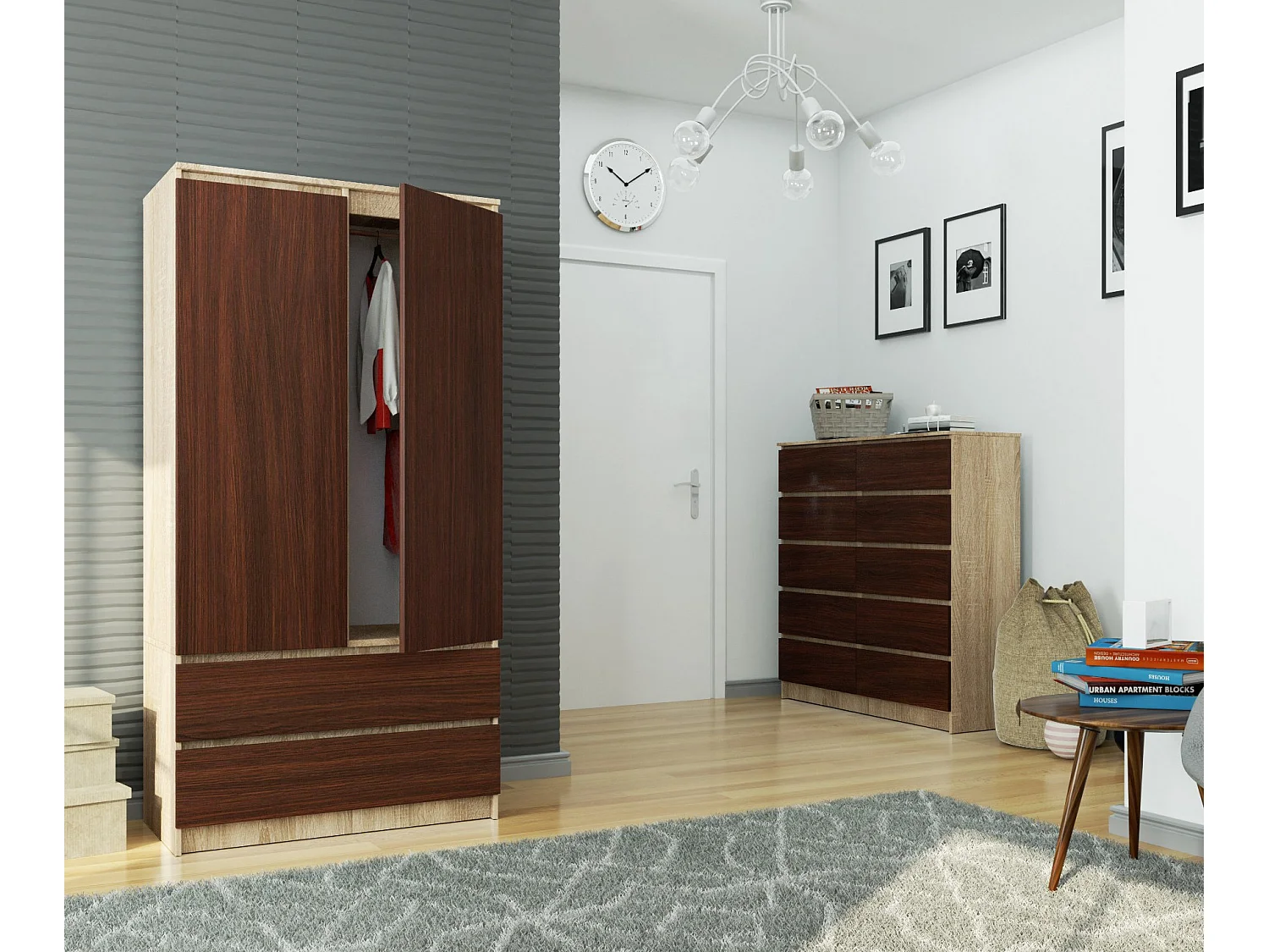 Armoire AKORD S90 Chêne Sonoma 90 cm 2 portes 2 tiroirs façade Wengé 4 étagères 90x51x180 cm