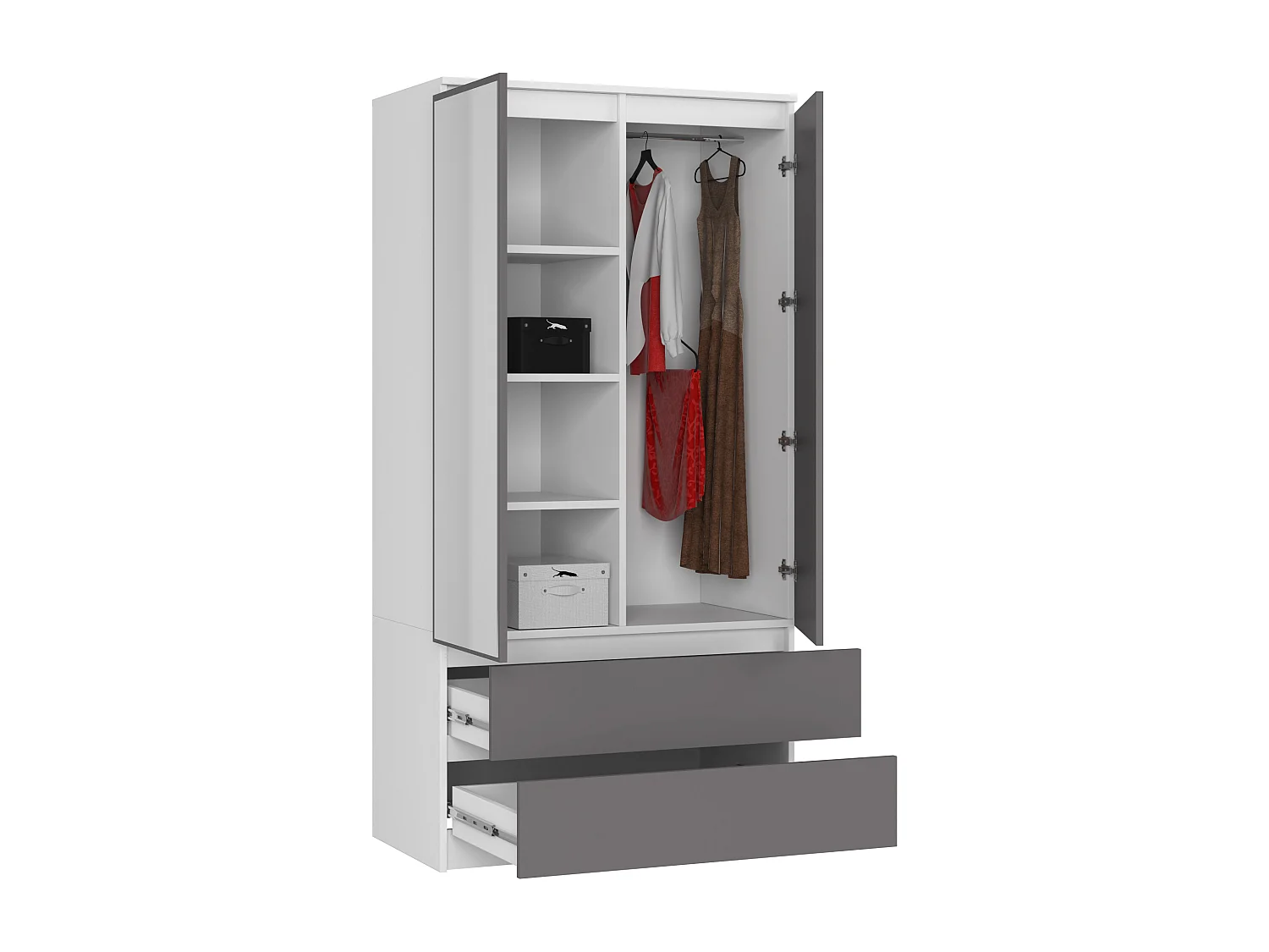 Kleiderschrank AKORD S90 mit Spiegel Weiß 90 cm 2 Türen 2 Schubladen 4 Ebenen Front Graphitgrau B90 x H180 x T51 cm