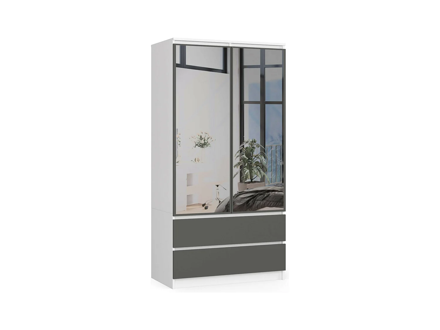 Armoire AKORD S90 avec miroir Blanche 90 cm 2 portes 2 tiroirs façade Gris Graphite 4 étagères 90x51x180 cm