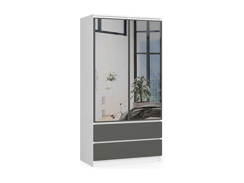 Armoire AKORD S90 avec miroir Blanche 90 cm 2 portes 2 tiroirs façade Gris Graphite 4 étagères 90x51x180 cm